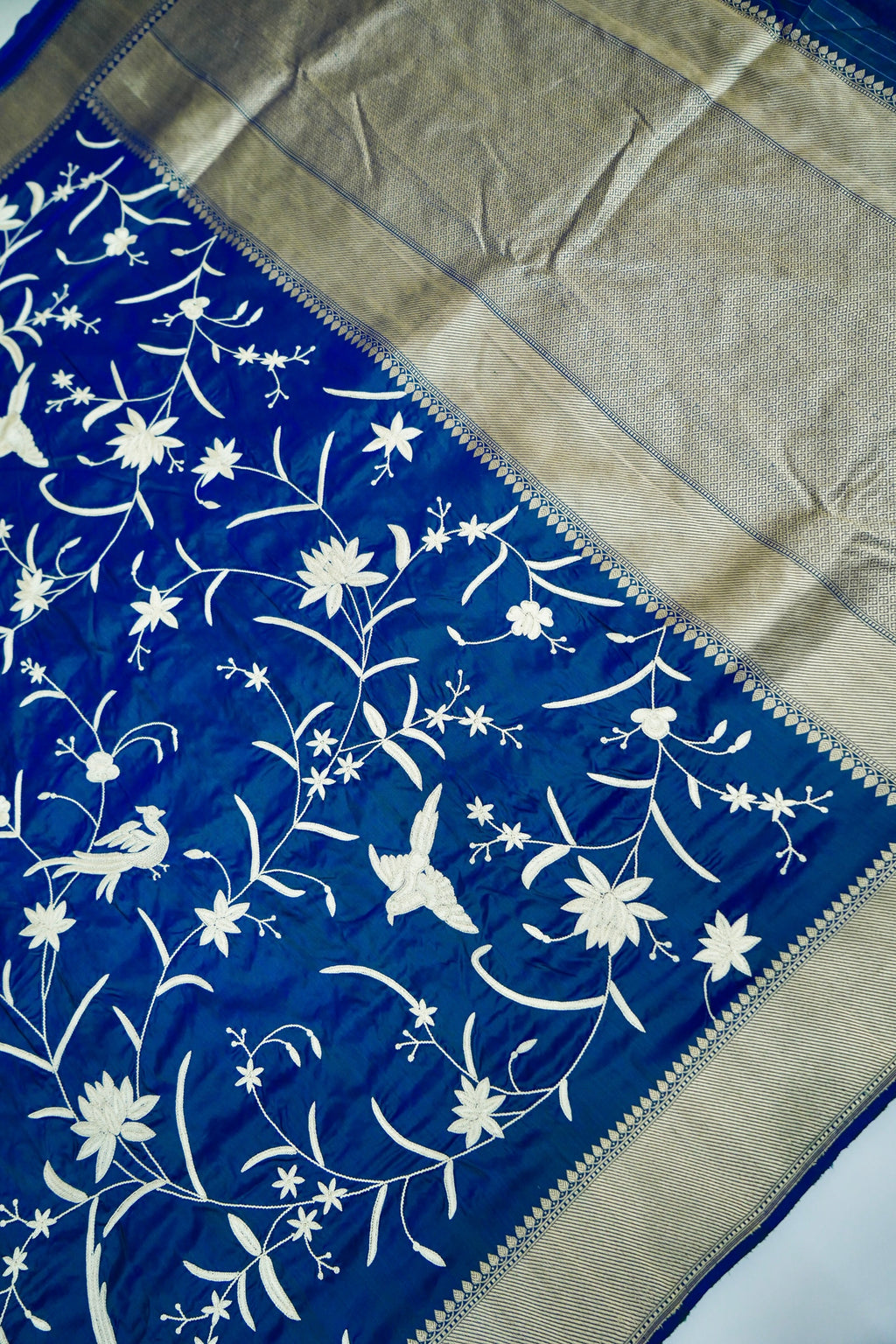 Blue Handloom Banarasi Katan Silk Saree with Parsi Embroidery