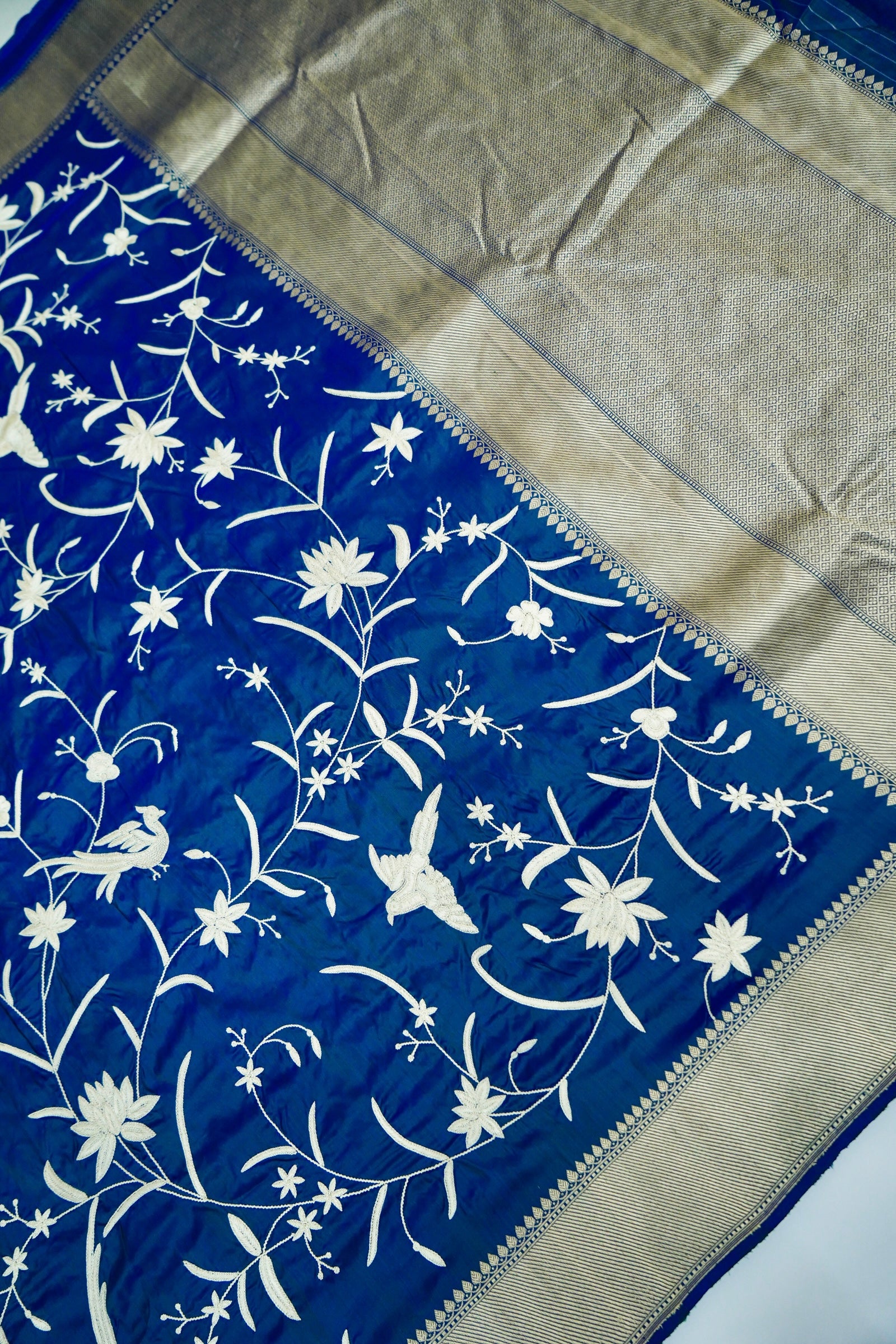 Blue Handloom Banarasi Katan Silk Saree with Parsi Embroidery