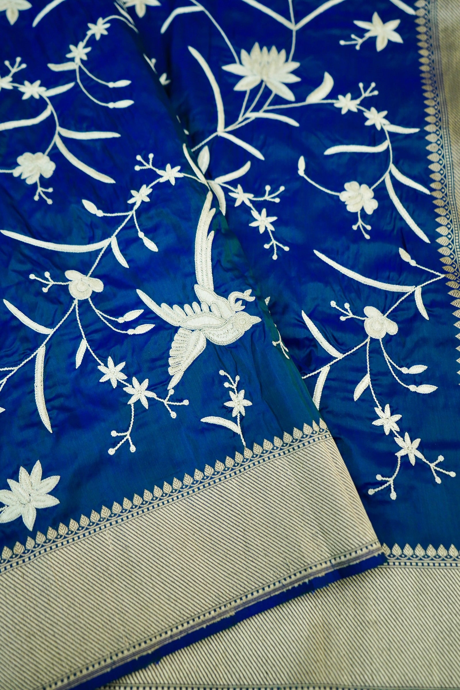 Blue Handloom Banarasi Katan Silk Saree with Parsi Embroidery