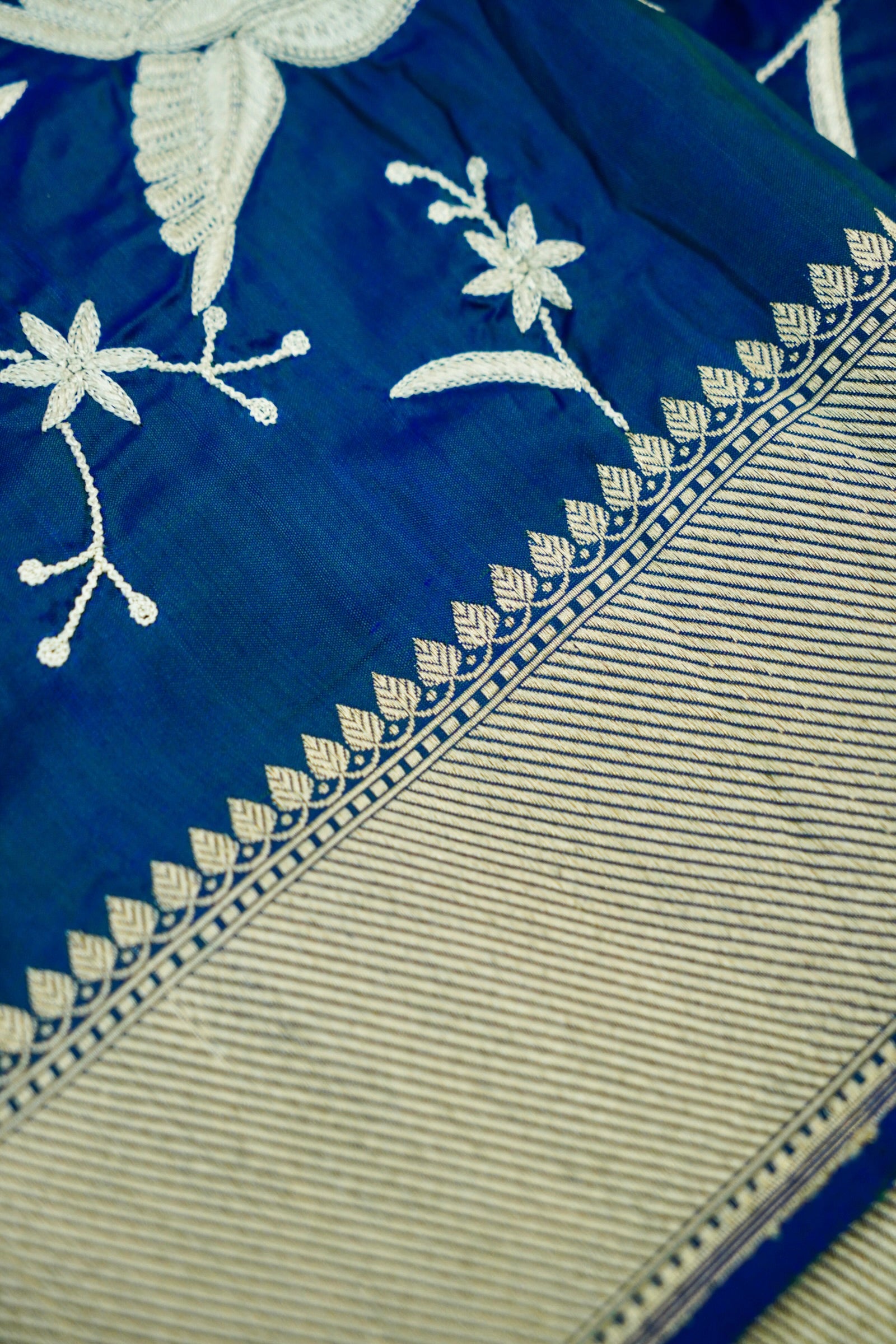 Blue Handloom Banarasi Katan Silk Saree with Parsi Embroidery
