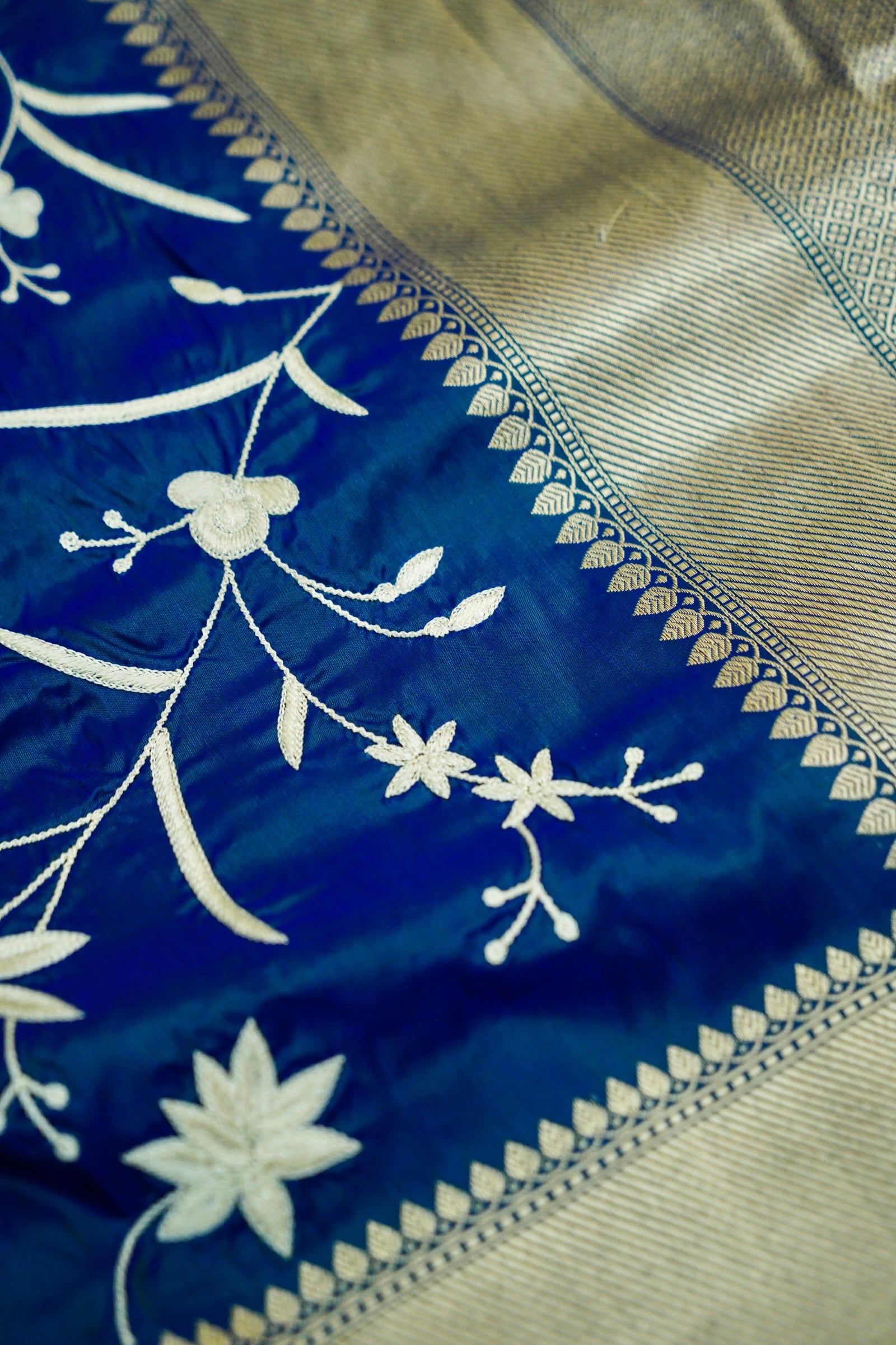 Blue Handloom Banarasi Katan Silk Saree with Parsi Embroidery