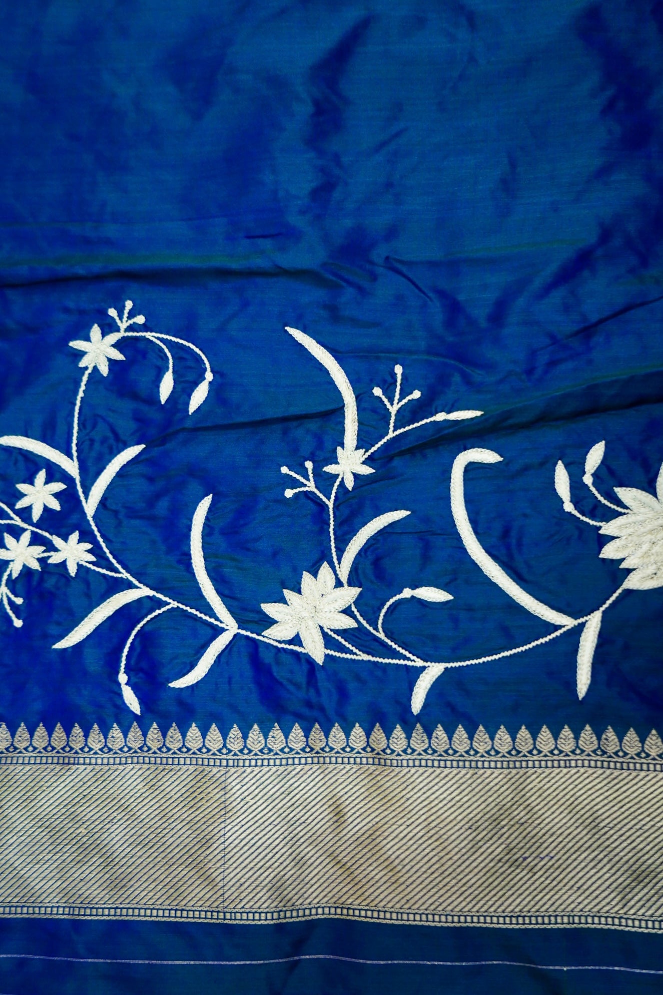 Blue Handloom Banarasi Katan Silk Saree with Parsi Embroidery