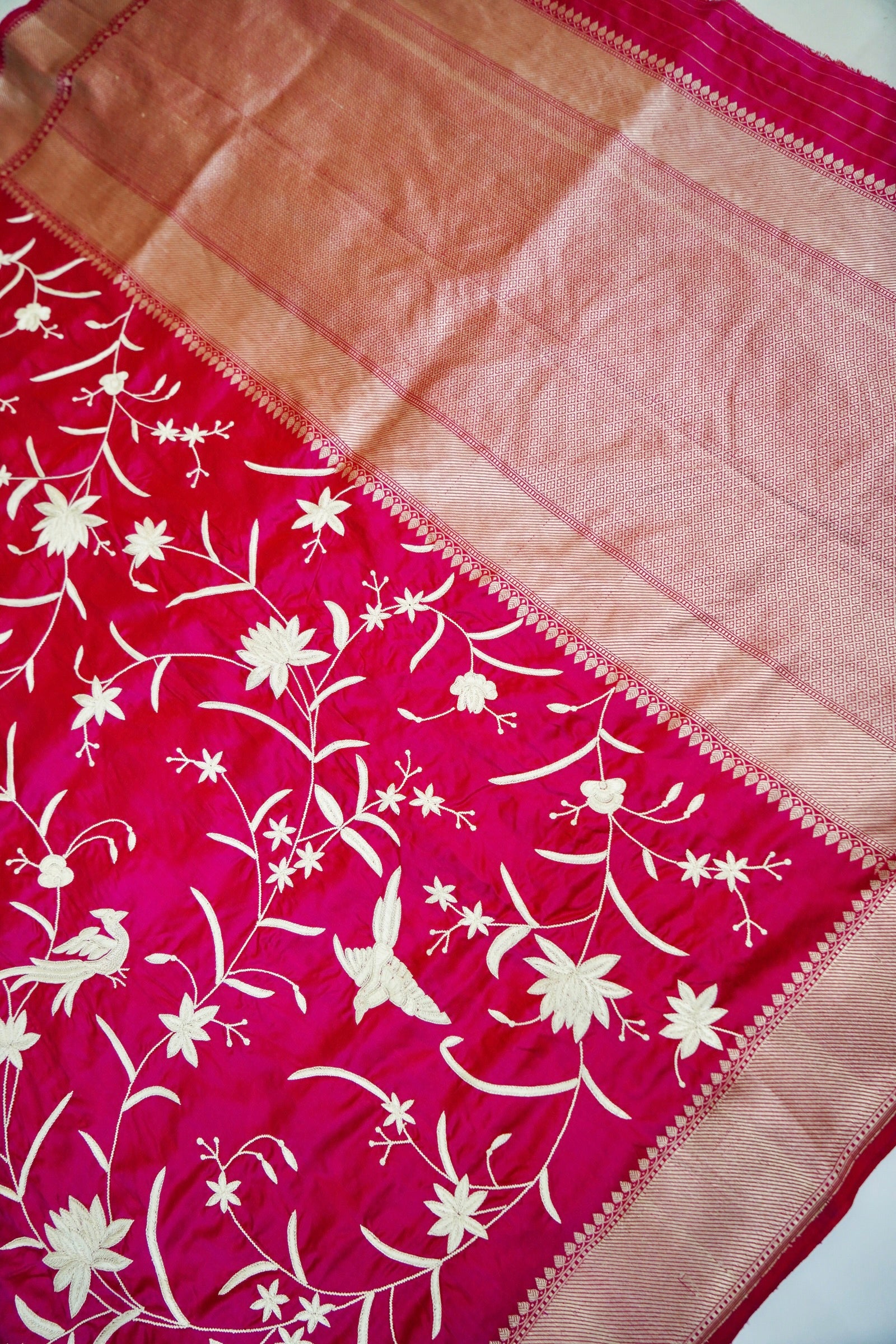 Pink Handloom Banarasi Katan Silk Saree with Parsi Embroidery