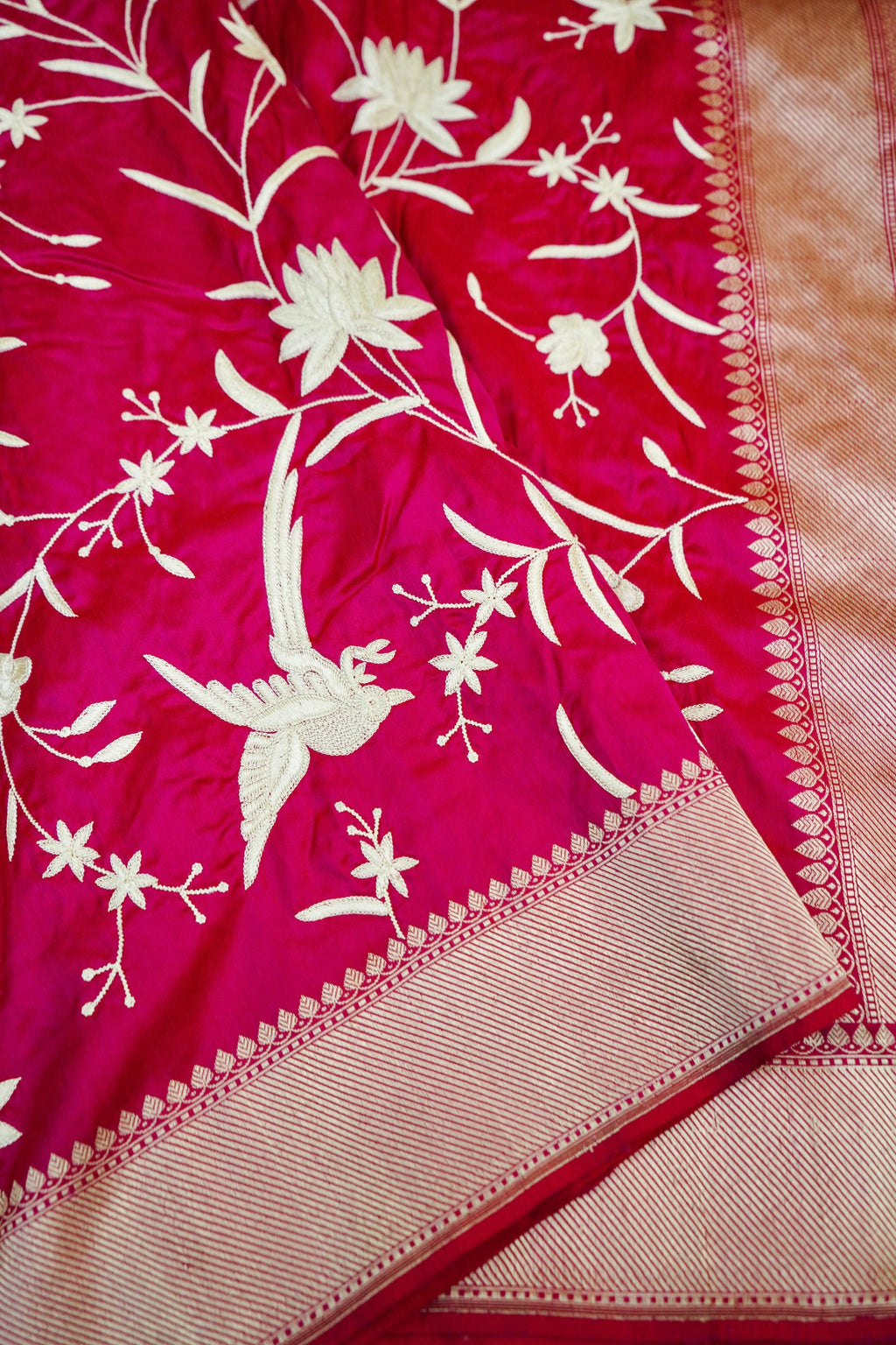 Pink Handloom Banarasi Katan Silk Saree with Parsi Embroidery