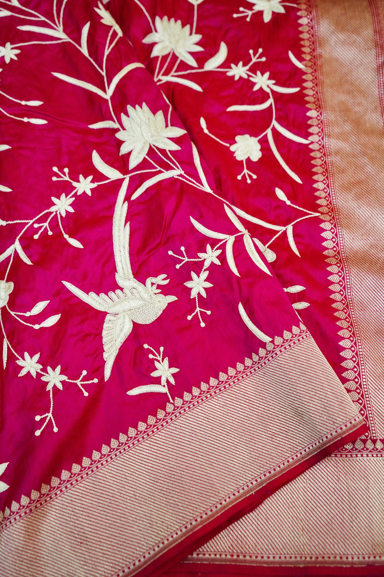 Pink Handloom Banarasi Katan Silk Saree with Parsi Embroidery