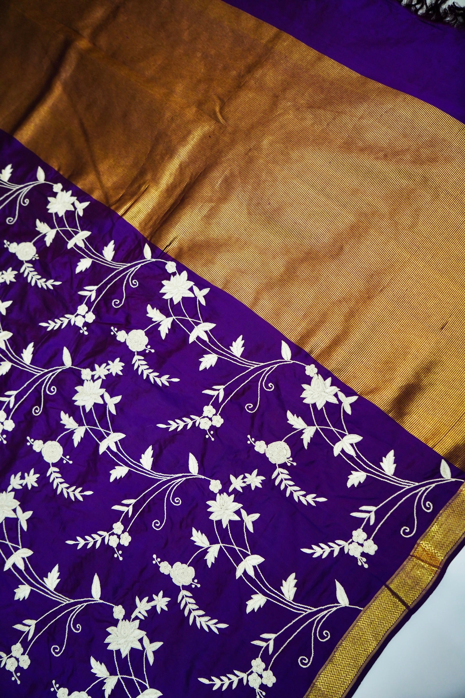 Purple Handloom Banarasi Katan Silk Saree with Parsi Embroidery