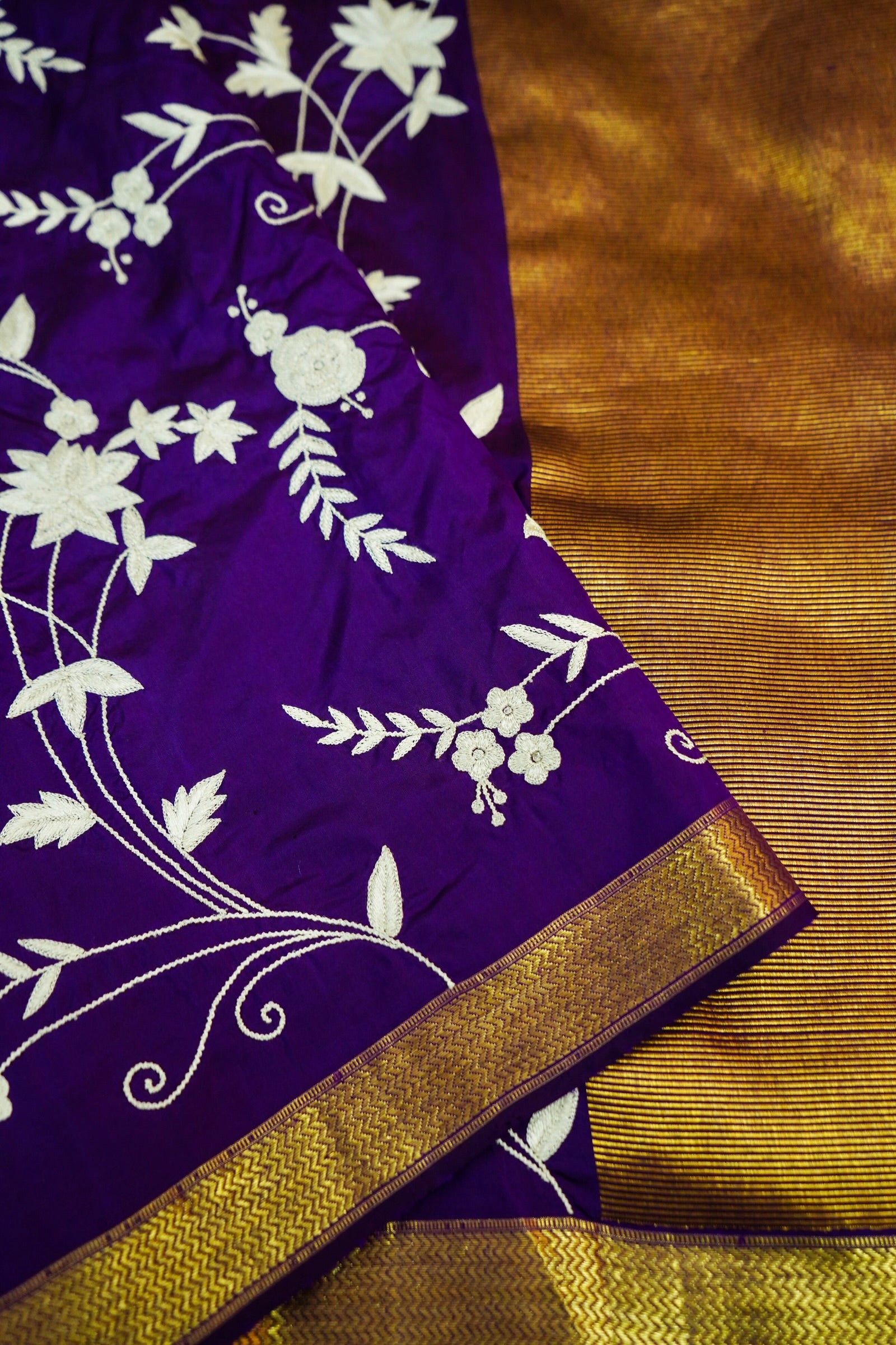 Purple Handloom Banarasi Katan Silk Saree with Parsi Embroidery