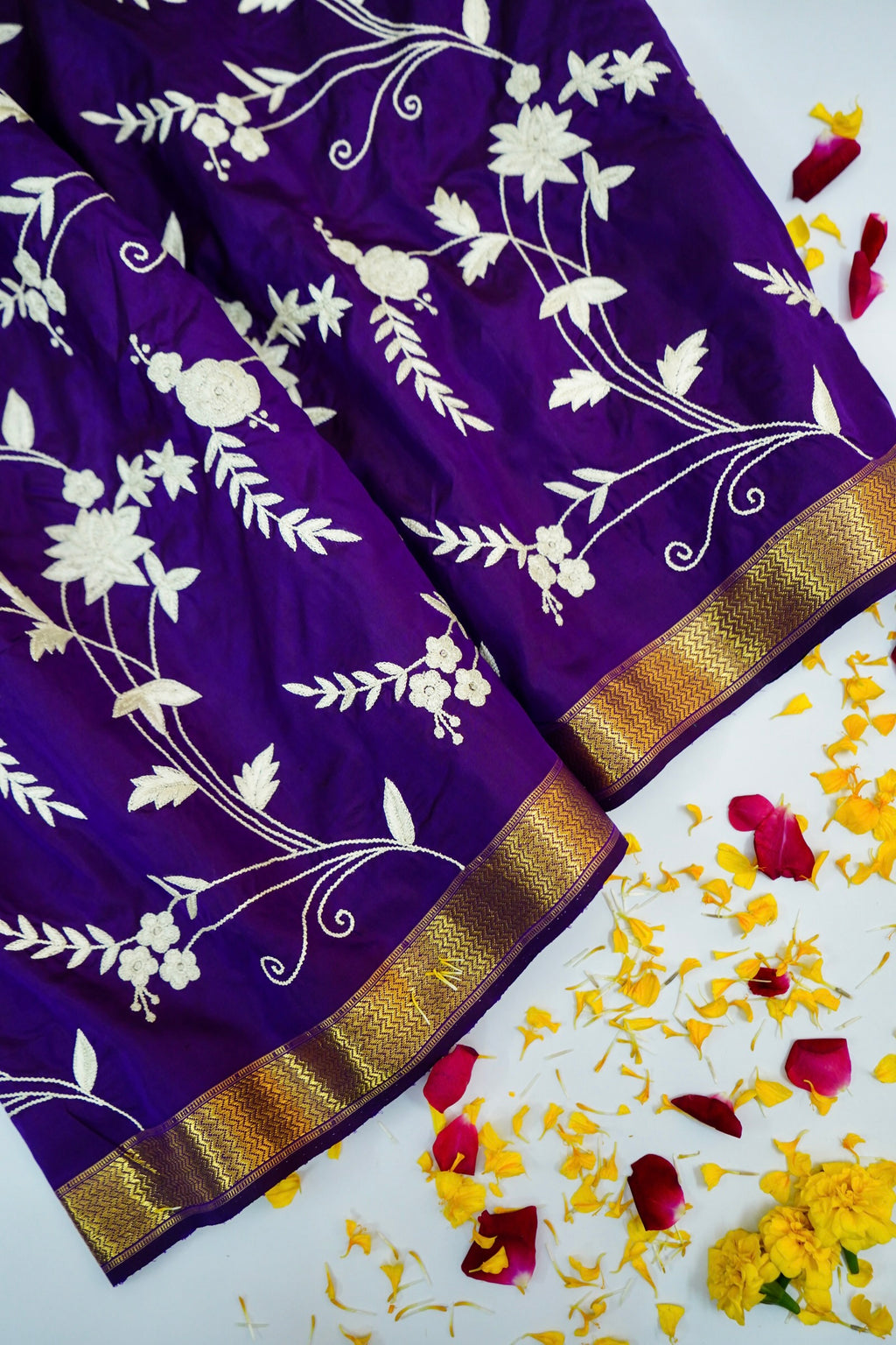 Purple Handloom Banarasi Katan Silk Saree with Parsi Embroidery