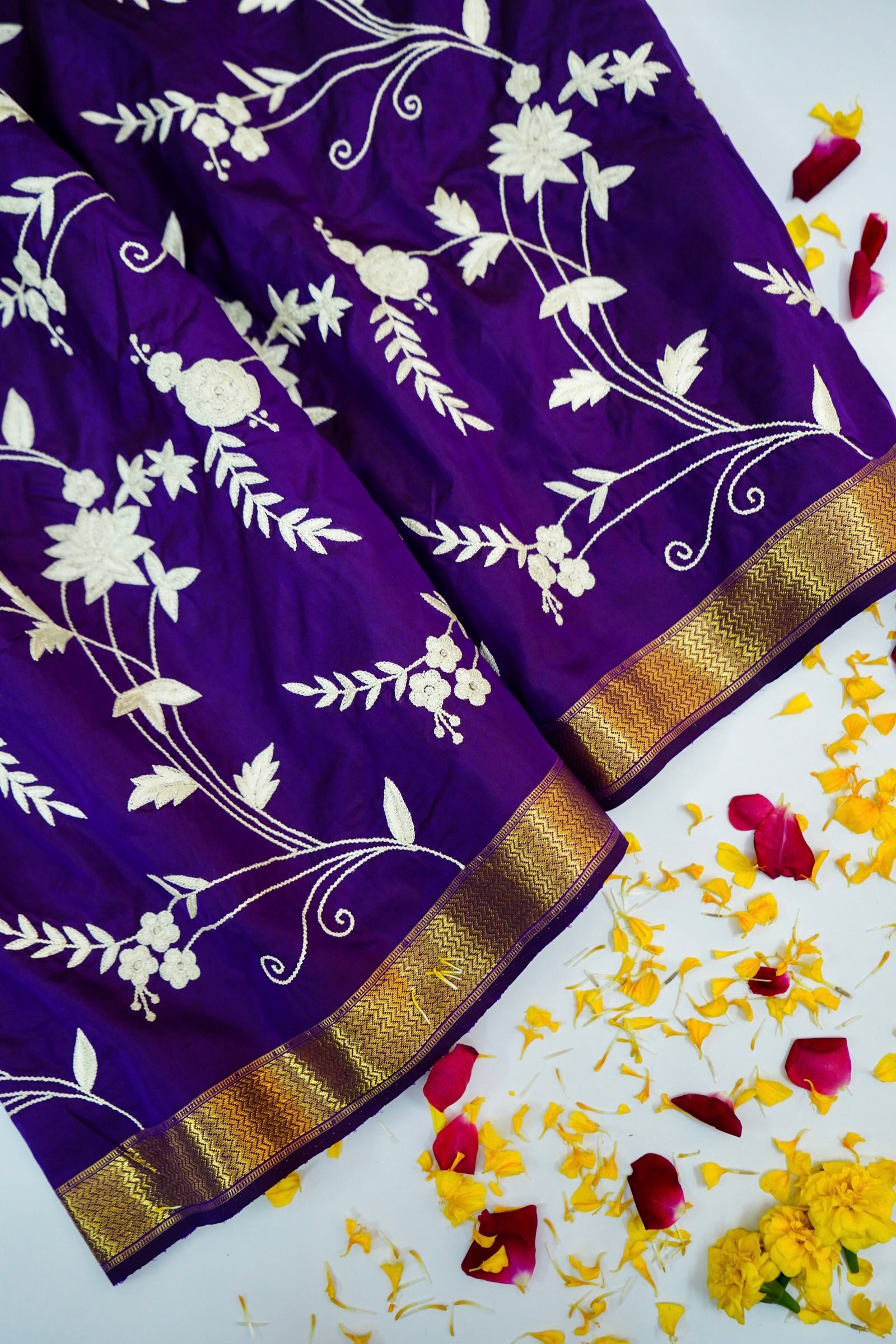 Purple Handloom Banarasi Katan Silk Saree with Parsi Embroidery