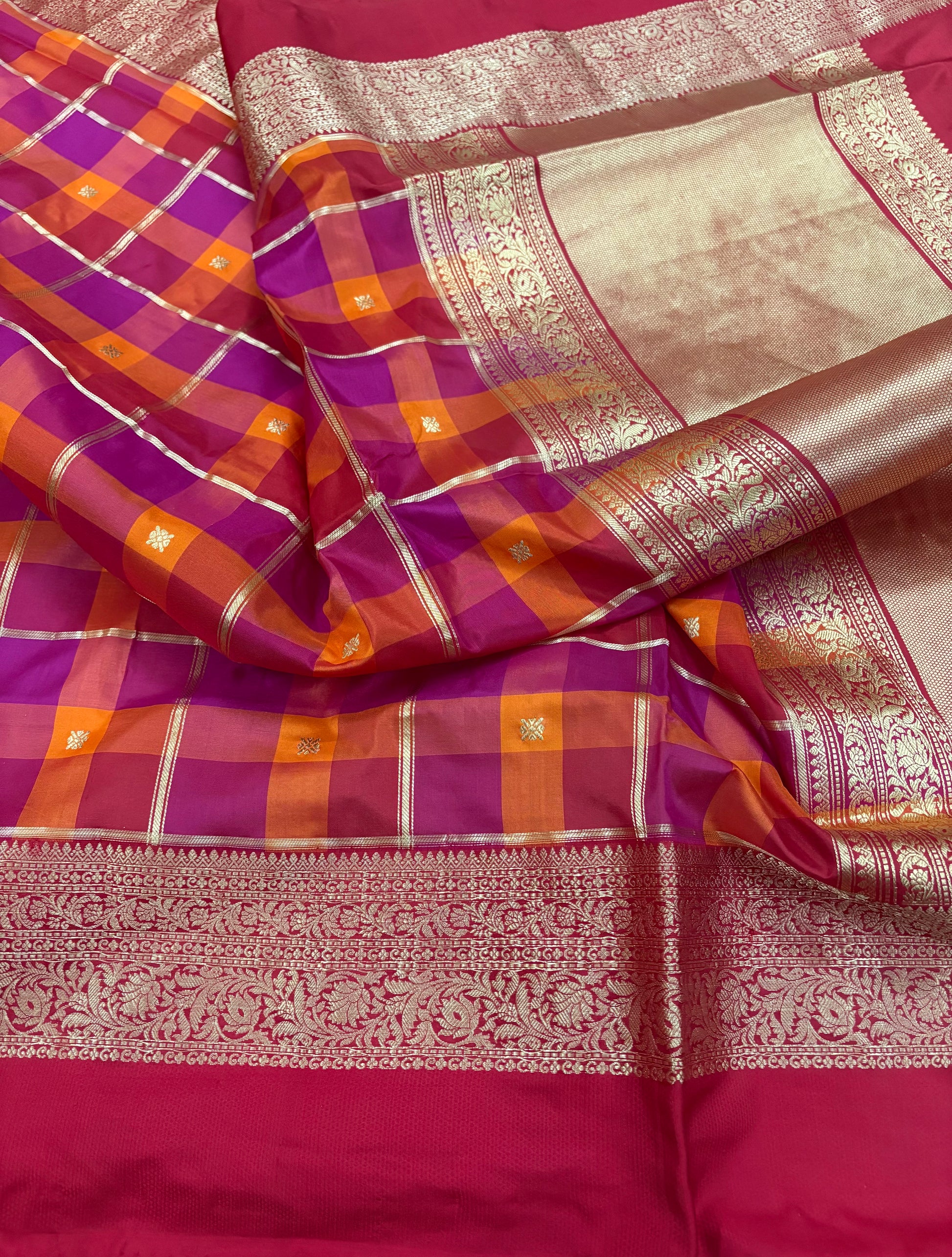 Orange Pink Checks Handloom Banarasi Katan Silk Saree