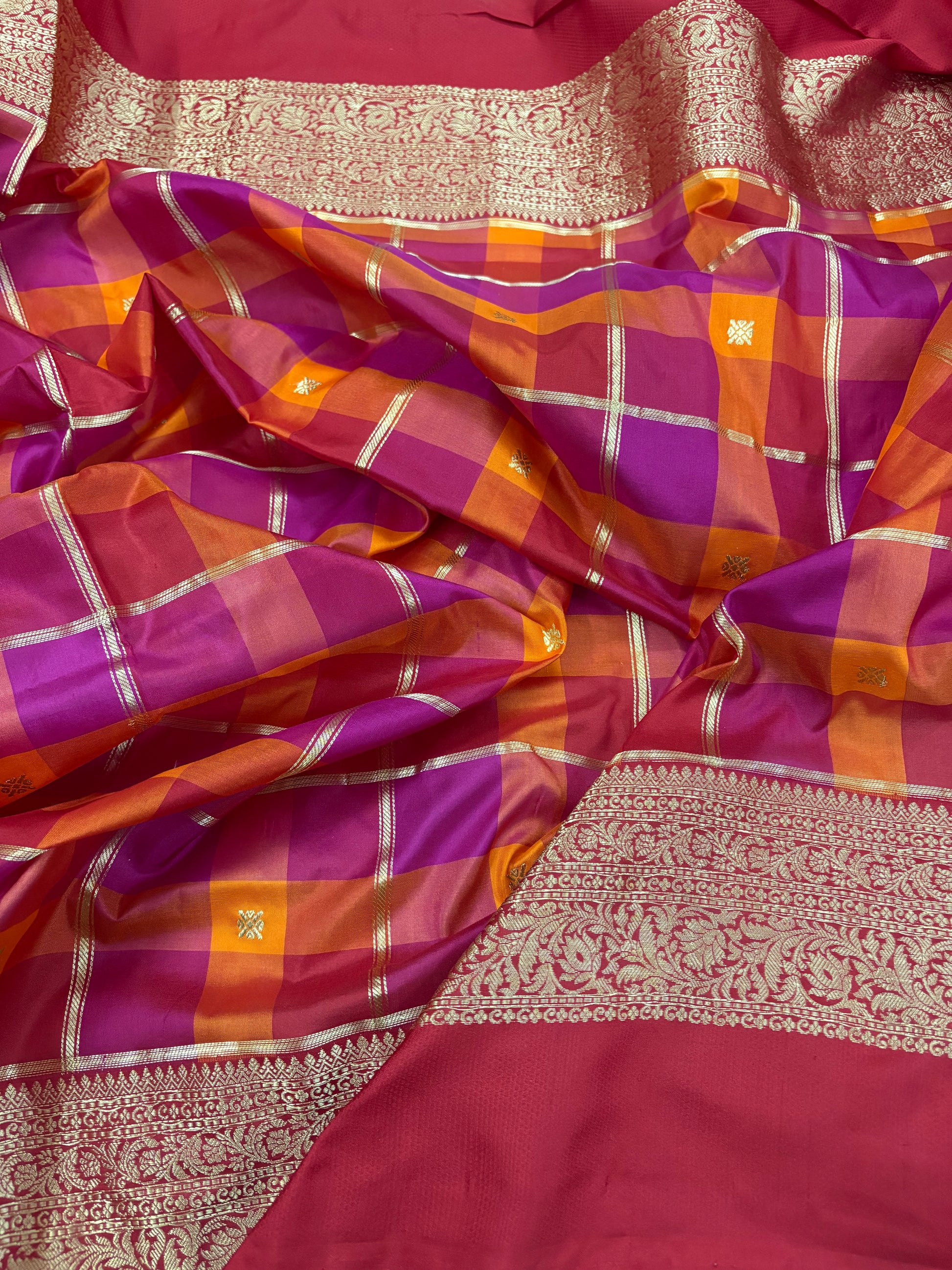 Orange Pink Checks Handloom Banarasi Katan Silk Saree