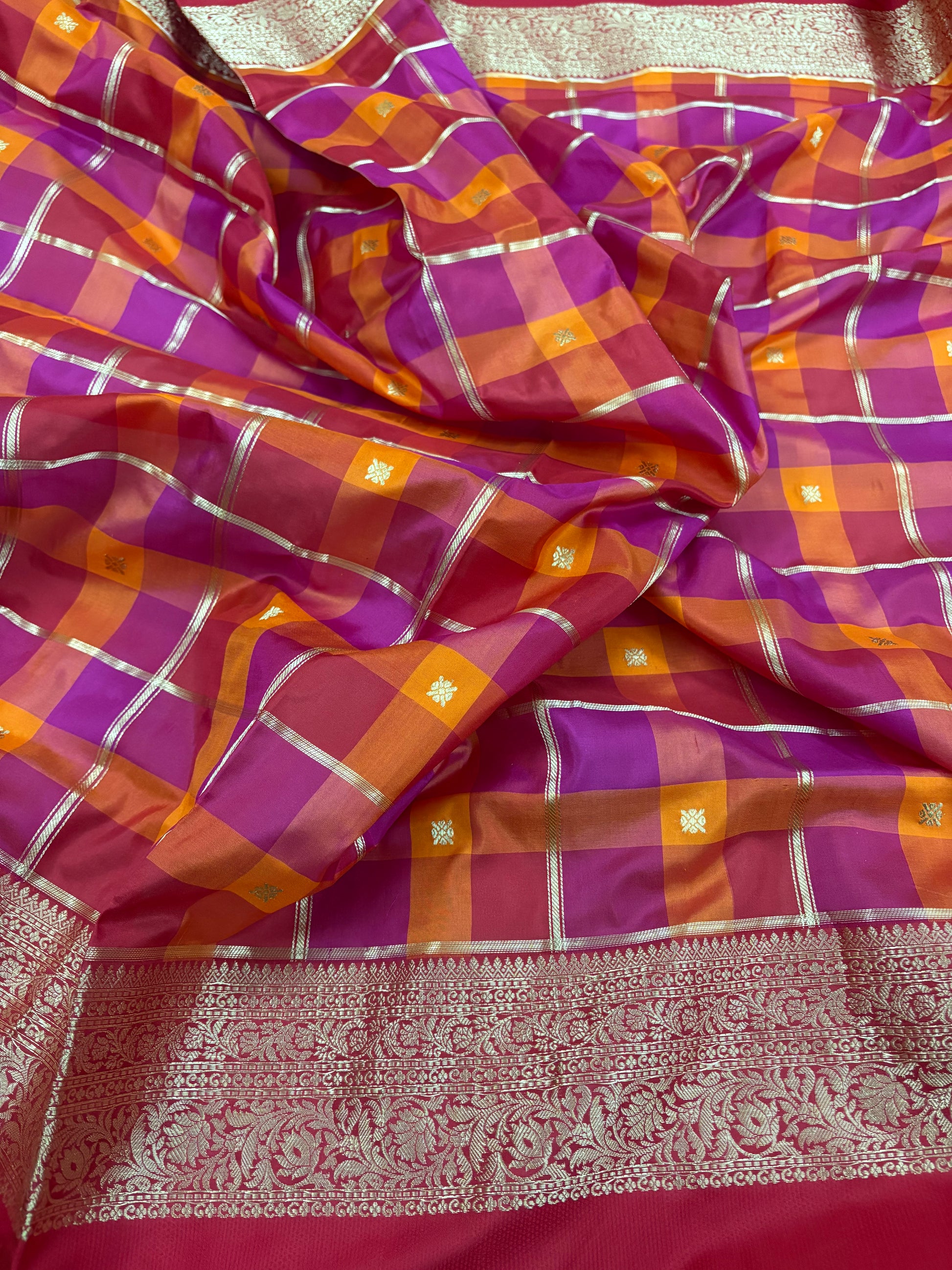 Orange Pink Checks Handloom Banarasi Katan Silk Saree