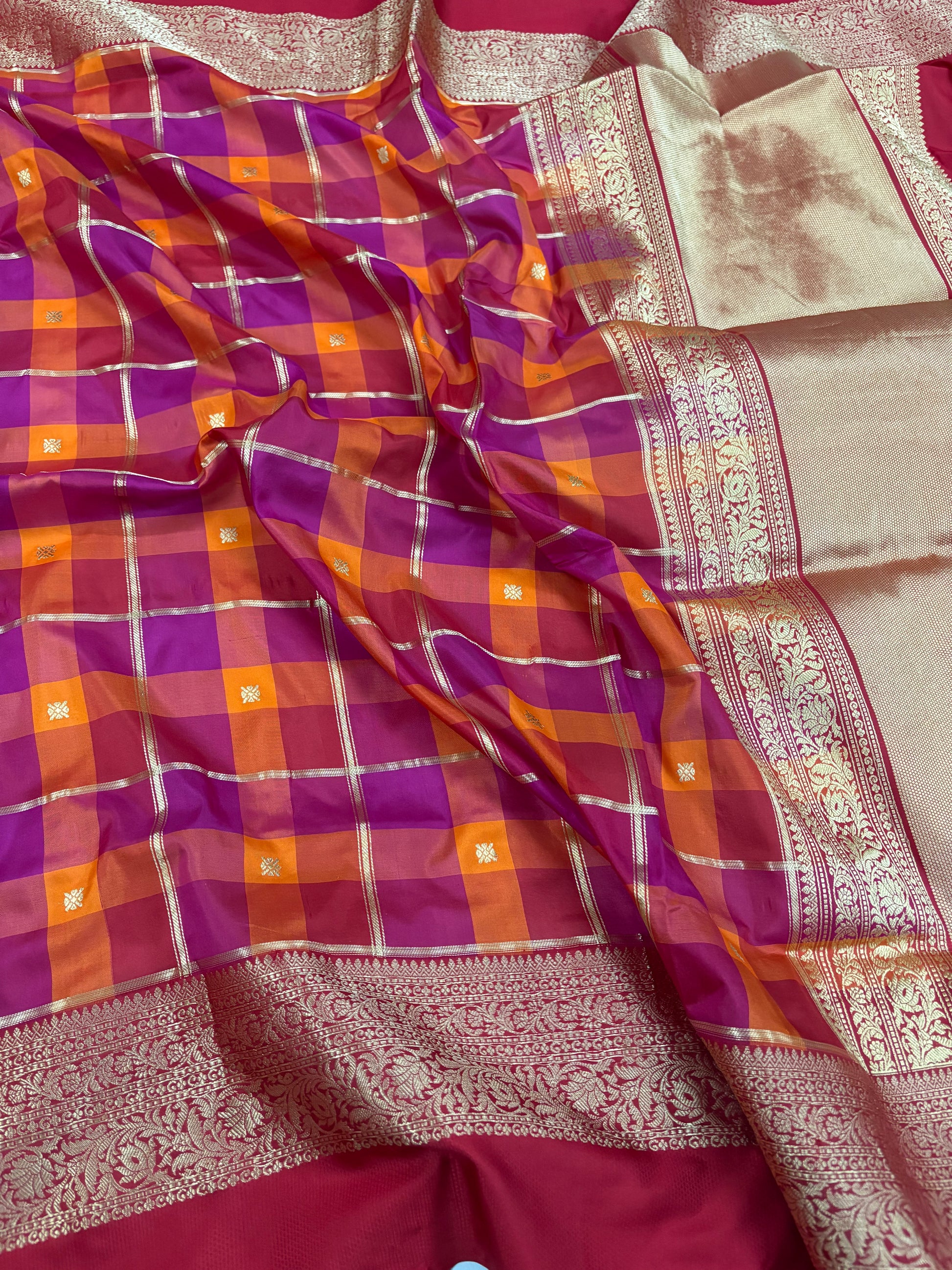 Orange Pink Checks Handloom Banarasi Katan Silk Saree