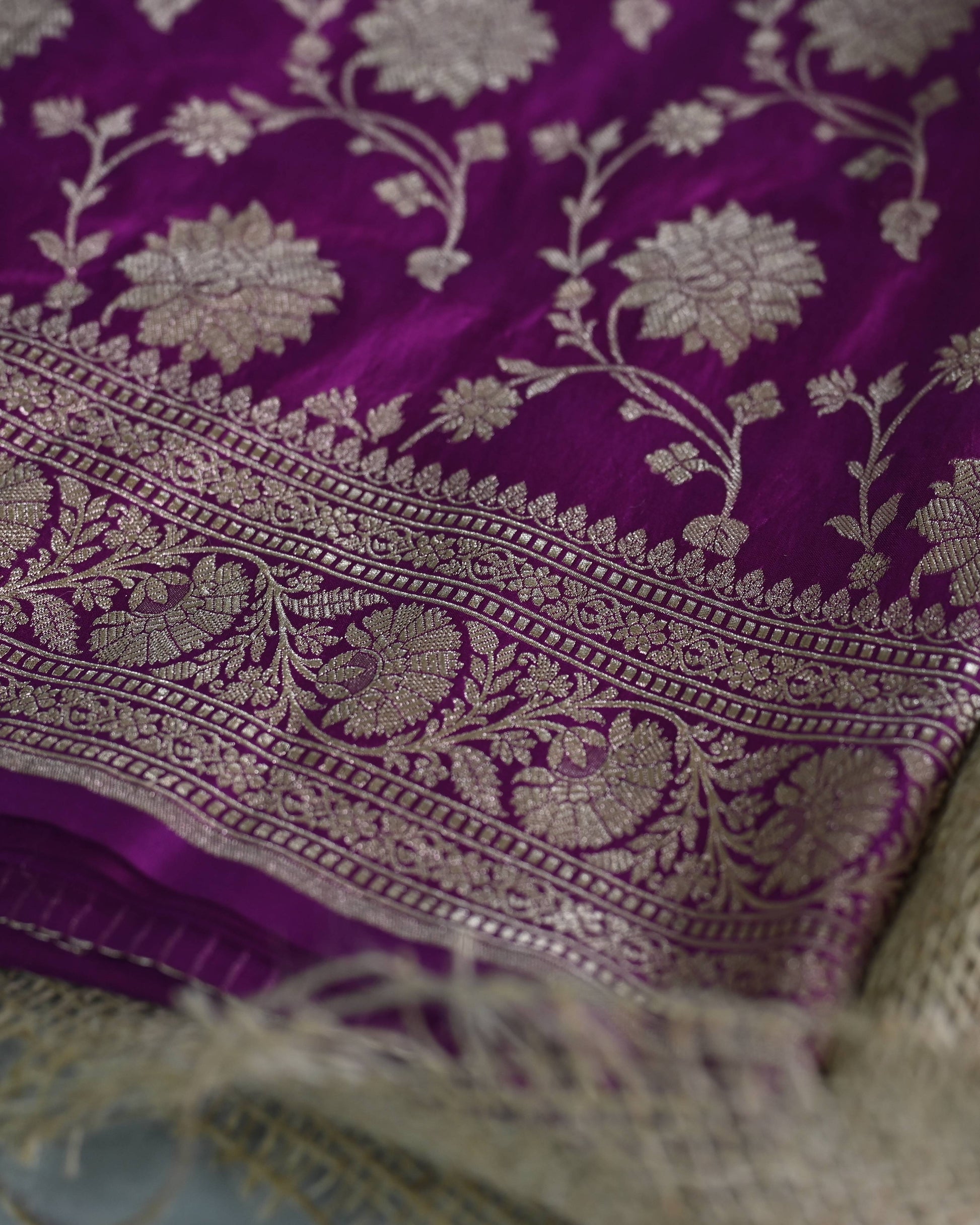 Lavender Katan Zari Jaal Banarasi Border Pallu Saree