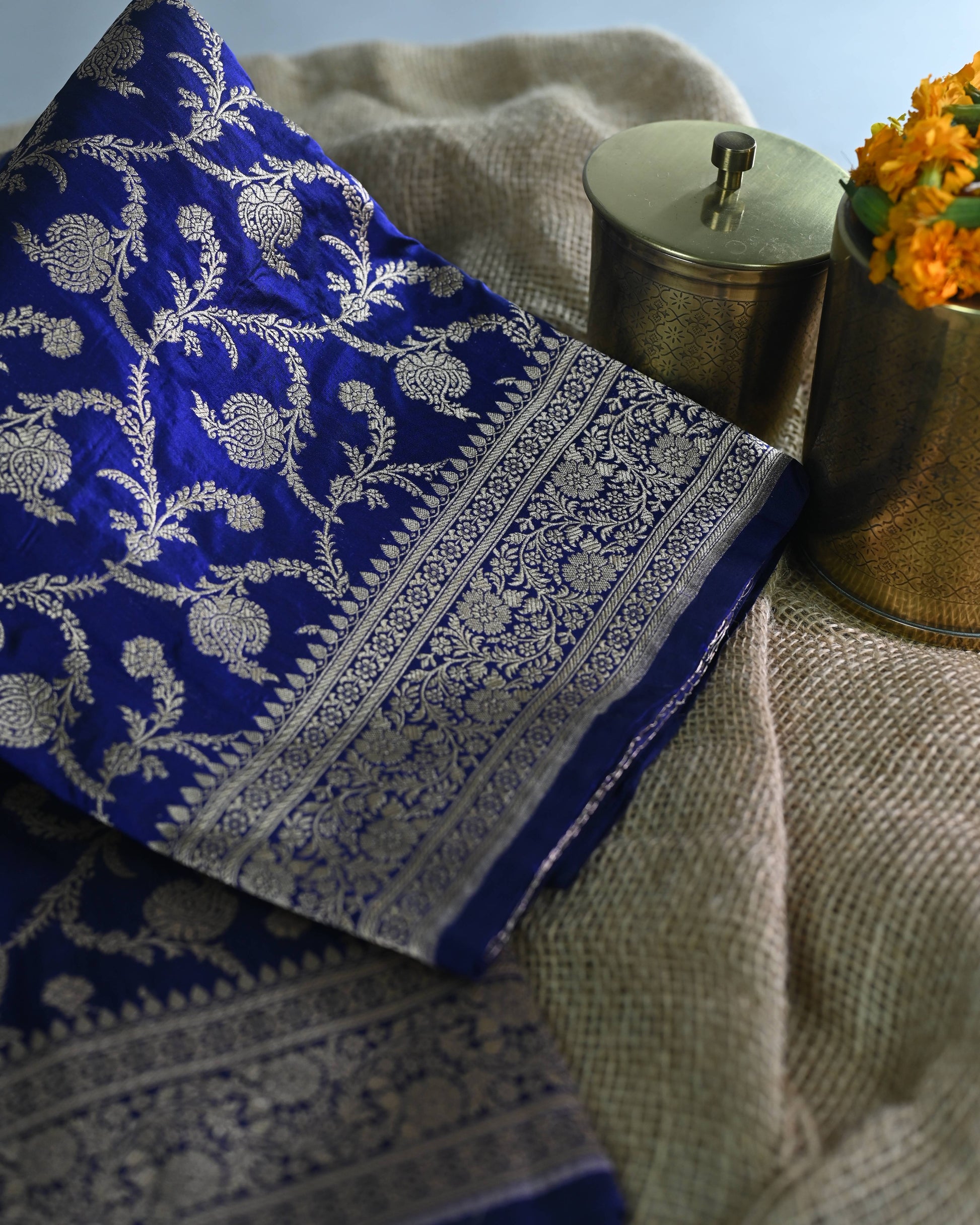 Royal Blue Katan Zari Jaal Banarasi Border Pallu Saree