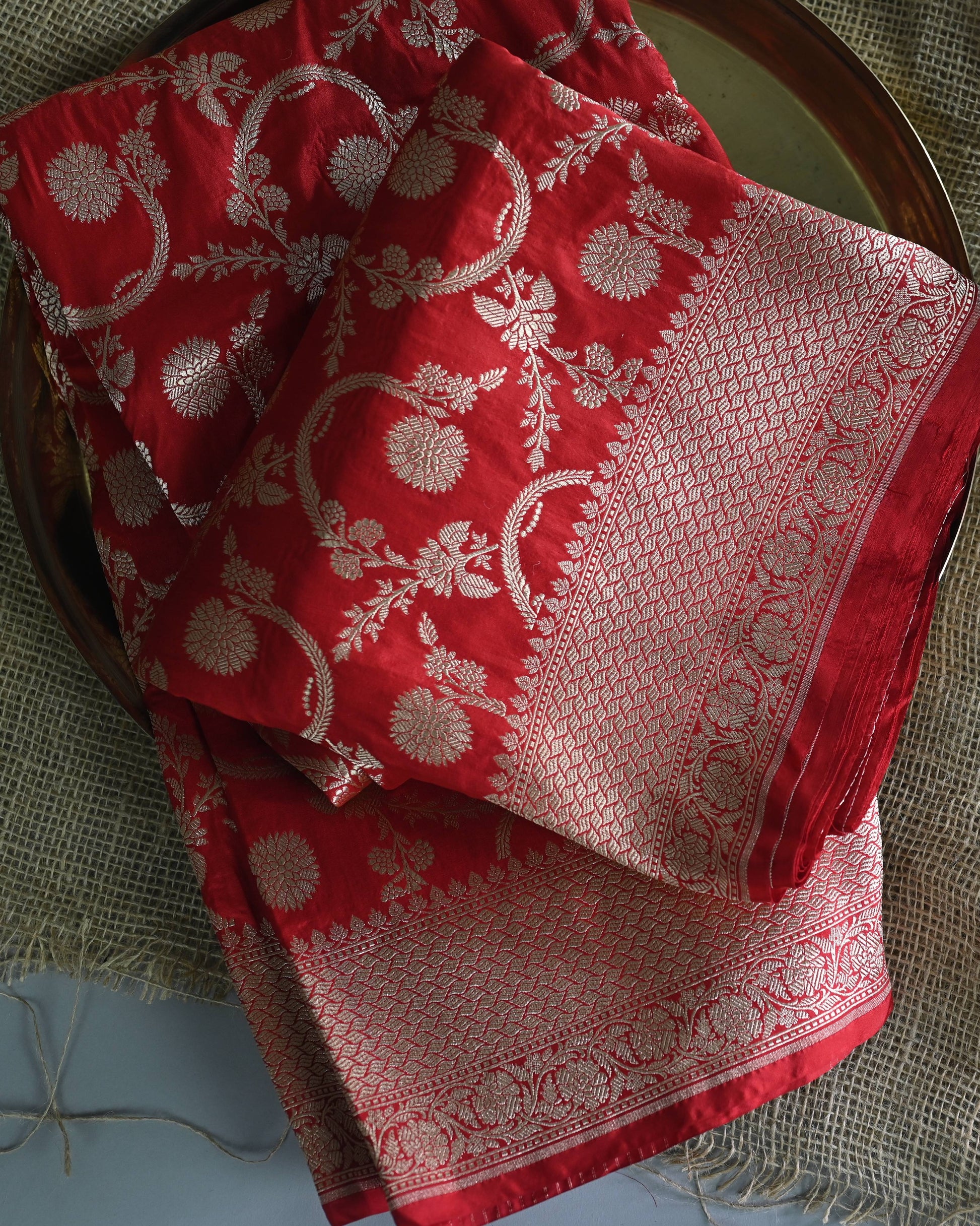Red Katan Zari Jaal Banarasi Border Pallu Saree