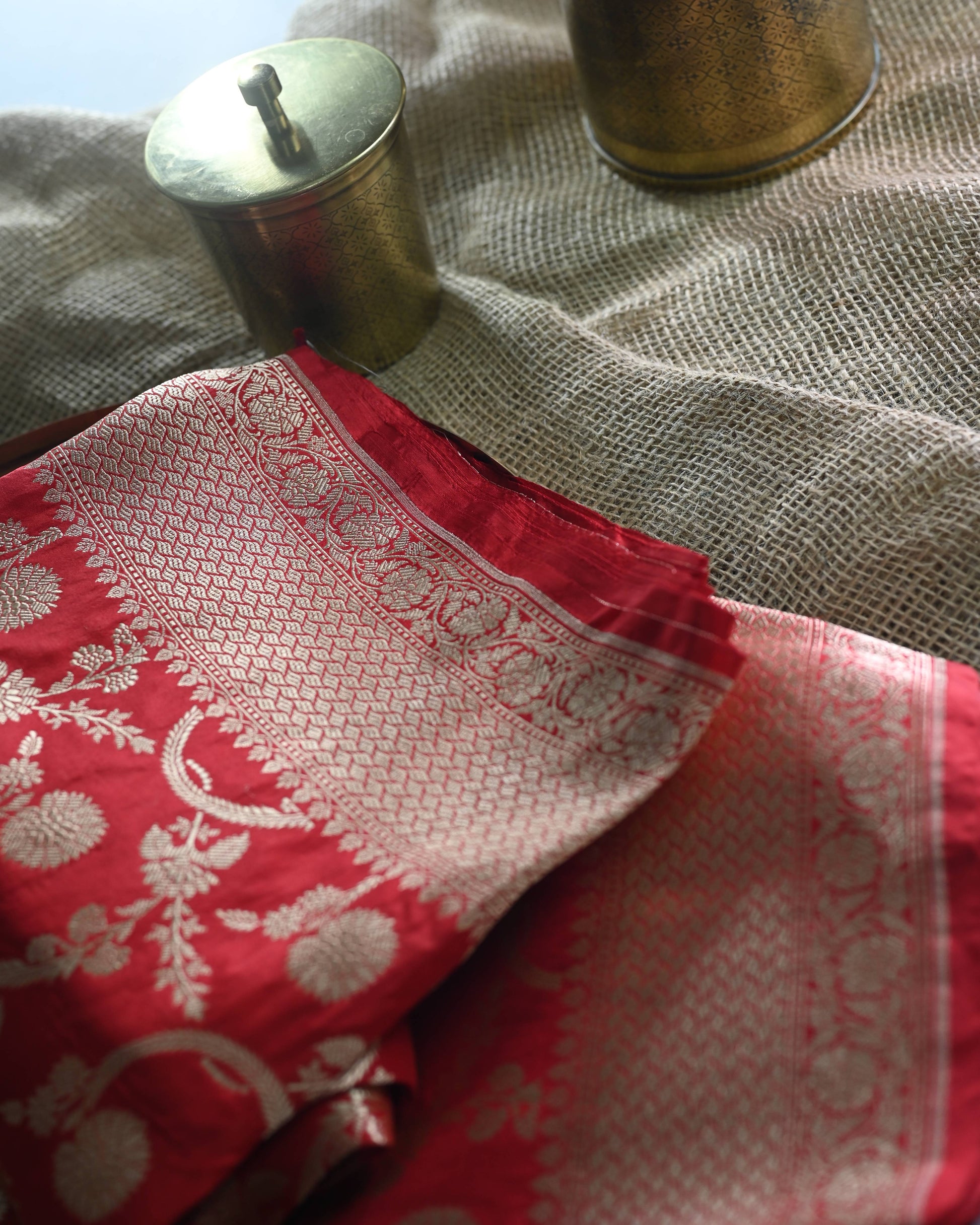 Red Katan Zari Jaal Banarasi Border Pallu Saree