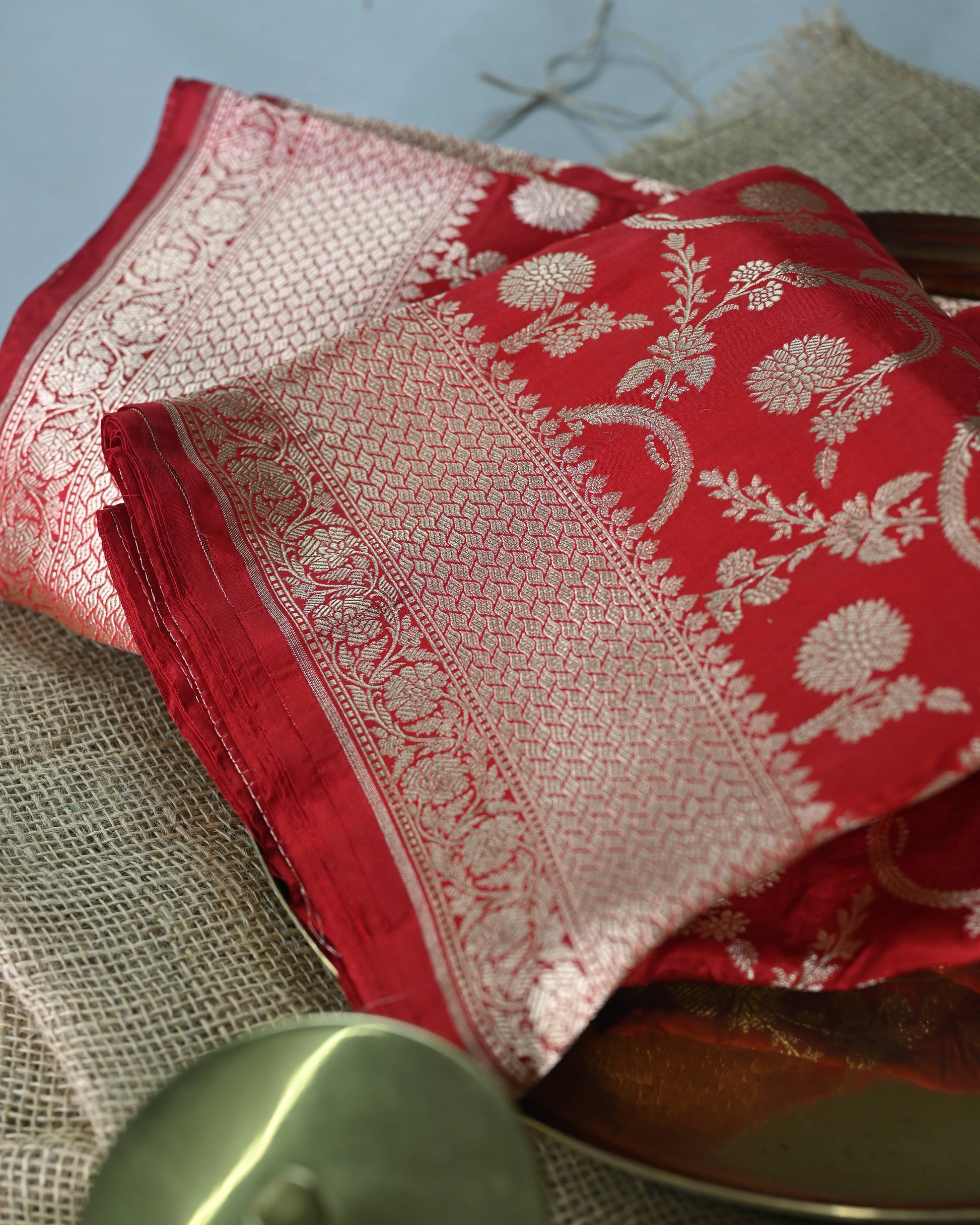 Red Katan Zari Jaal Banarasi Border Pallu Saree