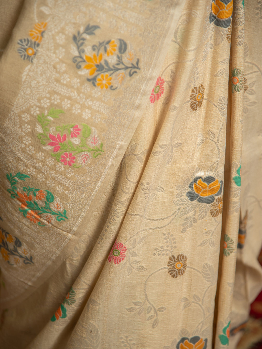 Off White Handloom Banarasi Tussar Silk Saree with Floral Multicolor Jaal