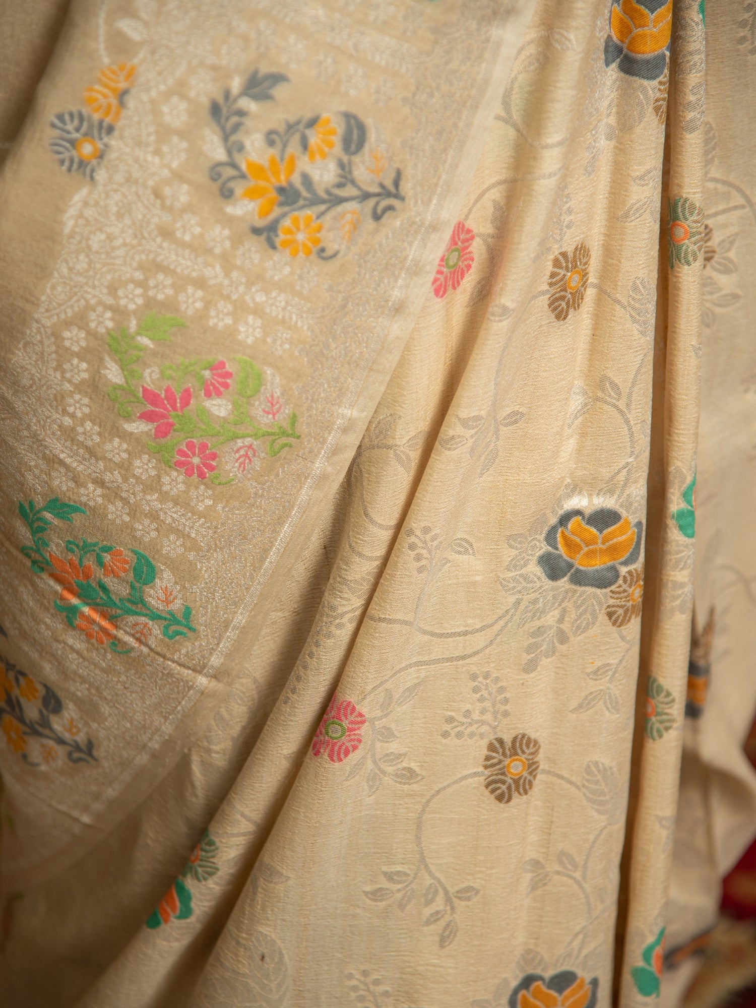 Off White Handloom Banarasi Tussar Silk Saree with Floral Multicolor Jaal