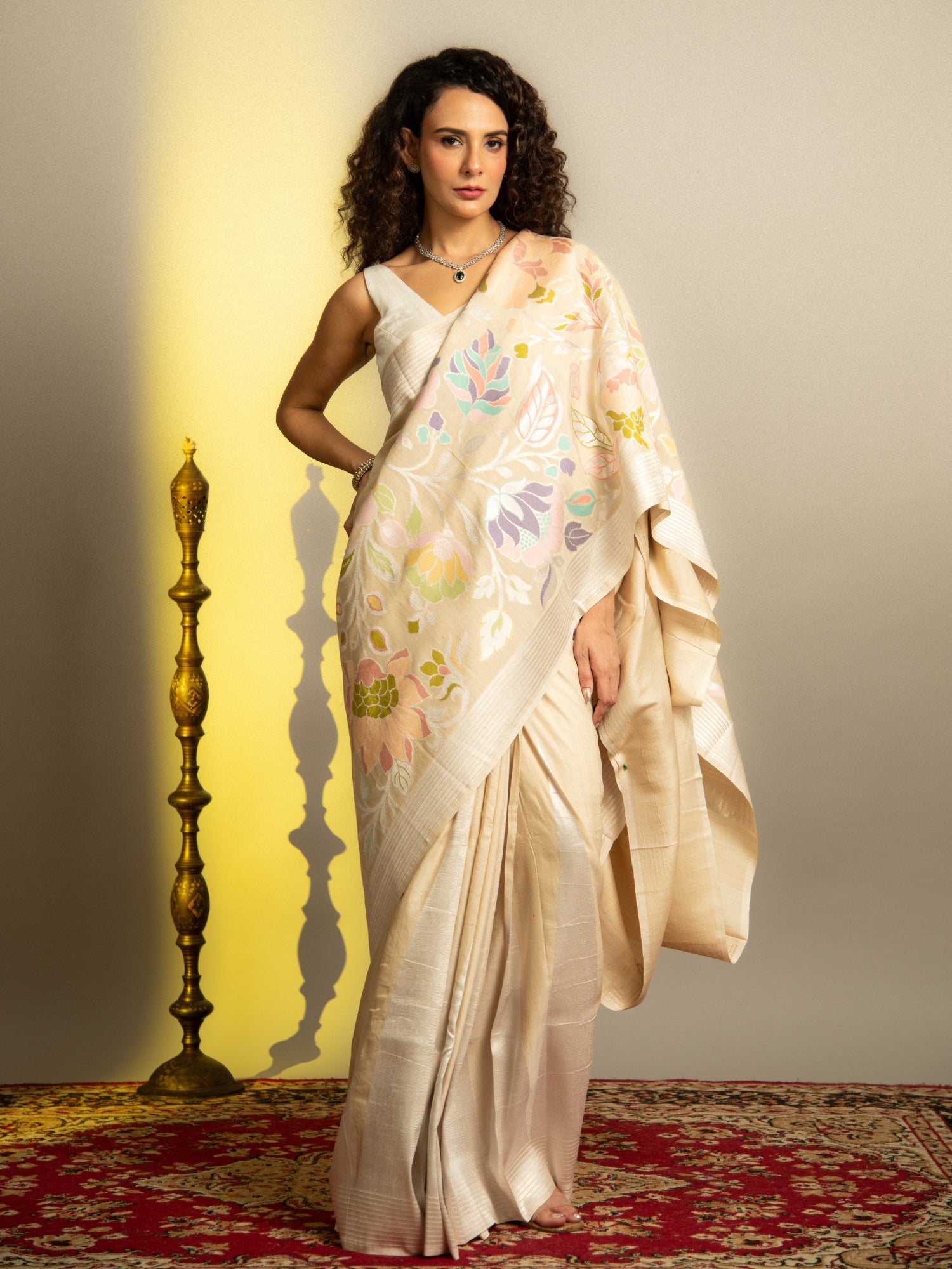 Off White Handloom Banarasi Tussar Silk Saree with Floral Zari Brocade