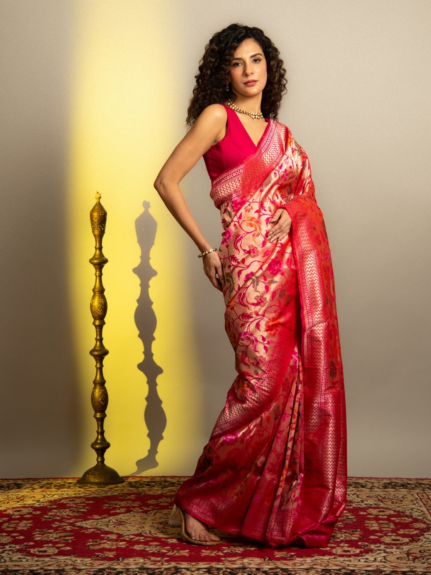 Red and Pink Meenakari Banarasi Katan Silk Saree