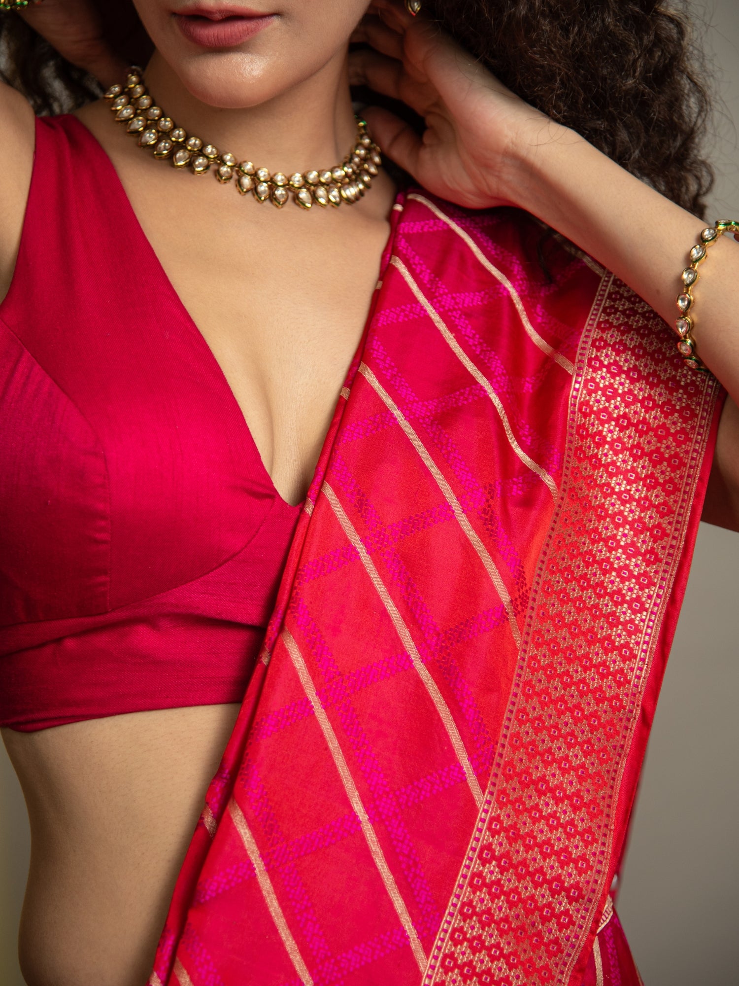Dark Pink Handloom Banarasi Mashru Silk Saree with Resham & Zari Stripes