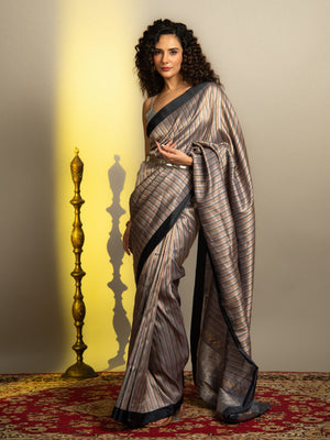 Grey and Black Handloom Banarasi Katan Silk Saree with Sona Rupa Stripes