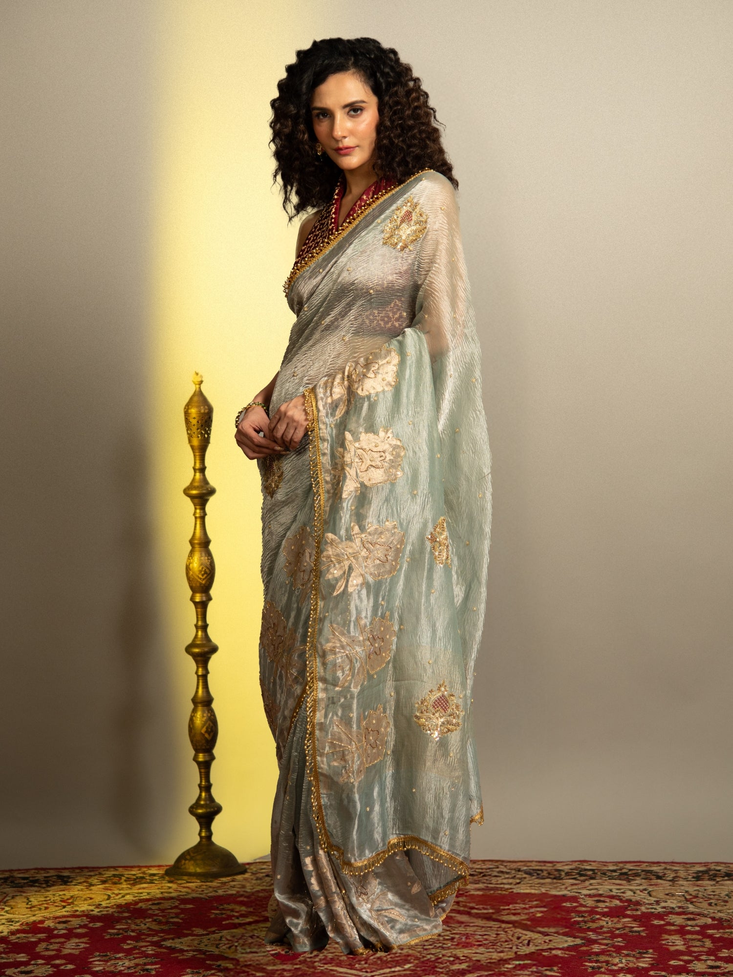 Olive Green Banarasi Kora Tissue Saree with Resham & Zari Stripes