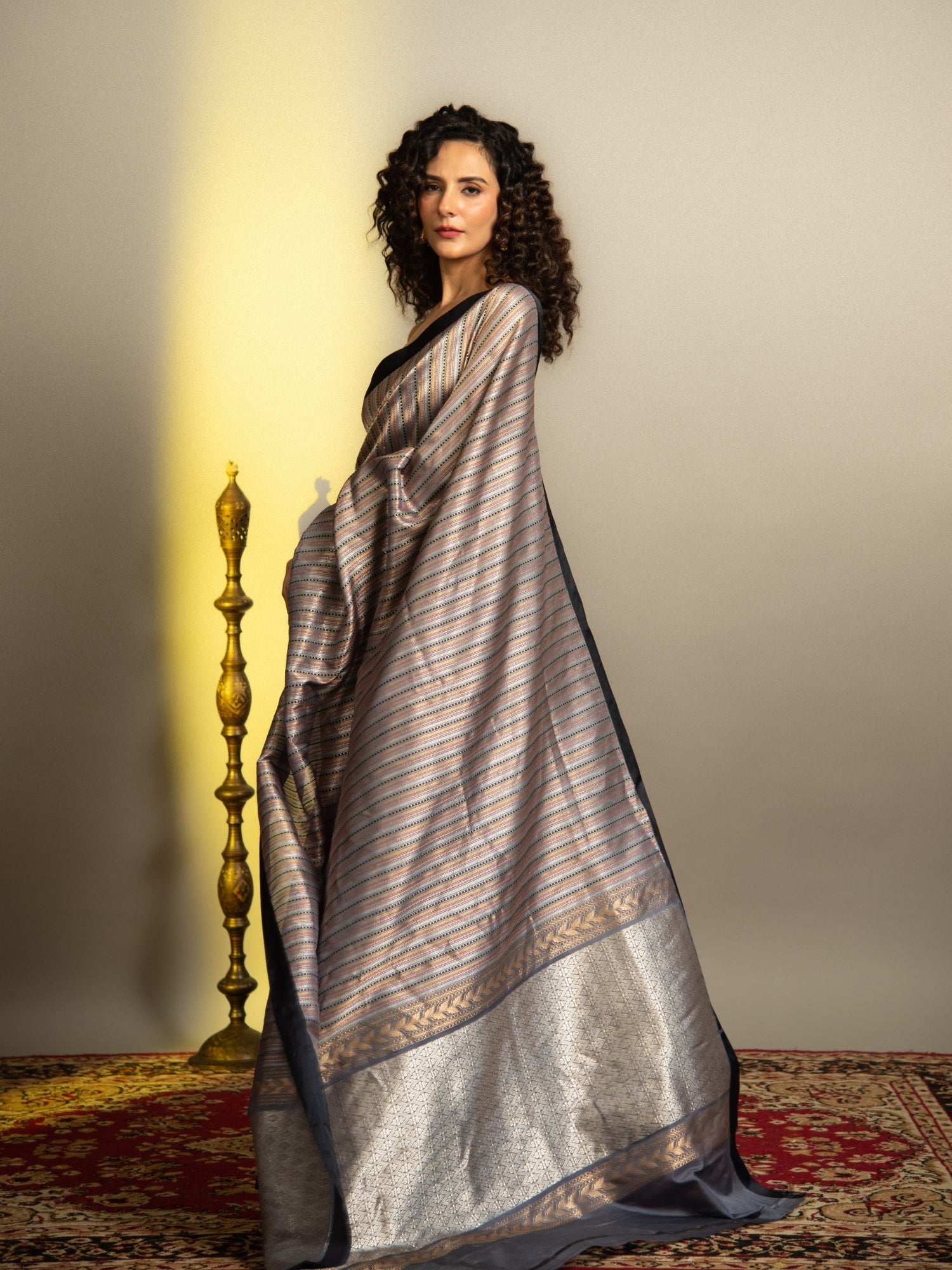 Grey and Black Handloom Banarasi Katan Silk Saree with Sona Rupa Stripes