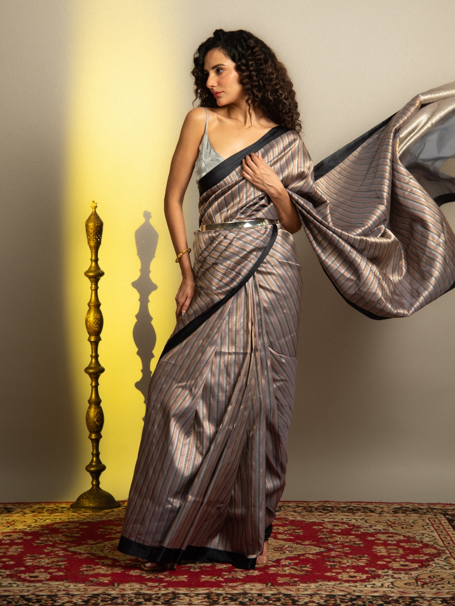 Grey and Black Handloom Banarasi Katan Silk Saree with Sona Rupa Stripes
