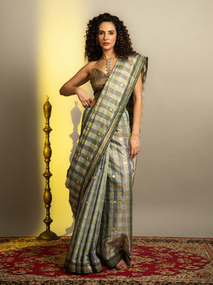 Bottle Green Handloom Banarasi Katan Silk Saree with Checks and Butti