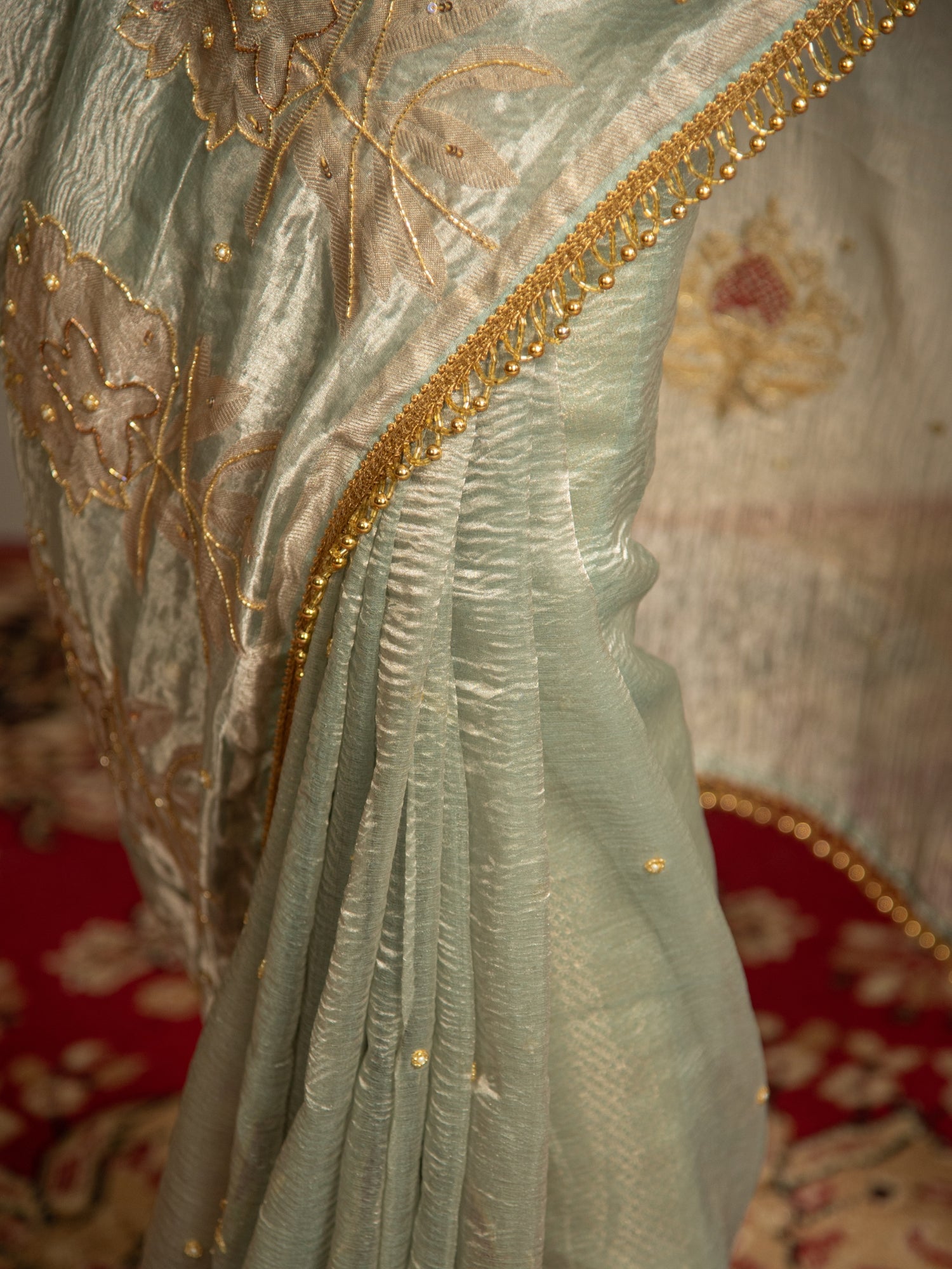 Olive Green Banarasi Kora Tissue Saree with Resham & Zari Stripes