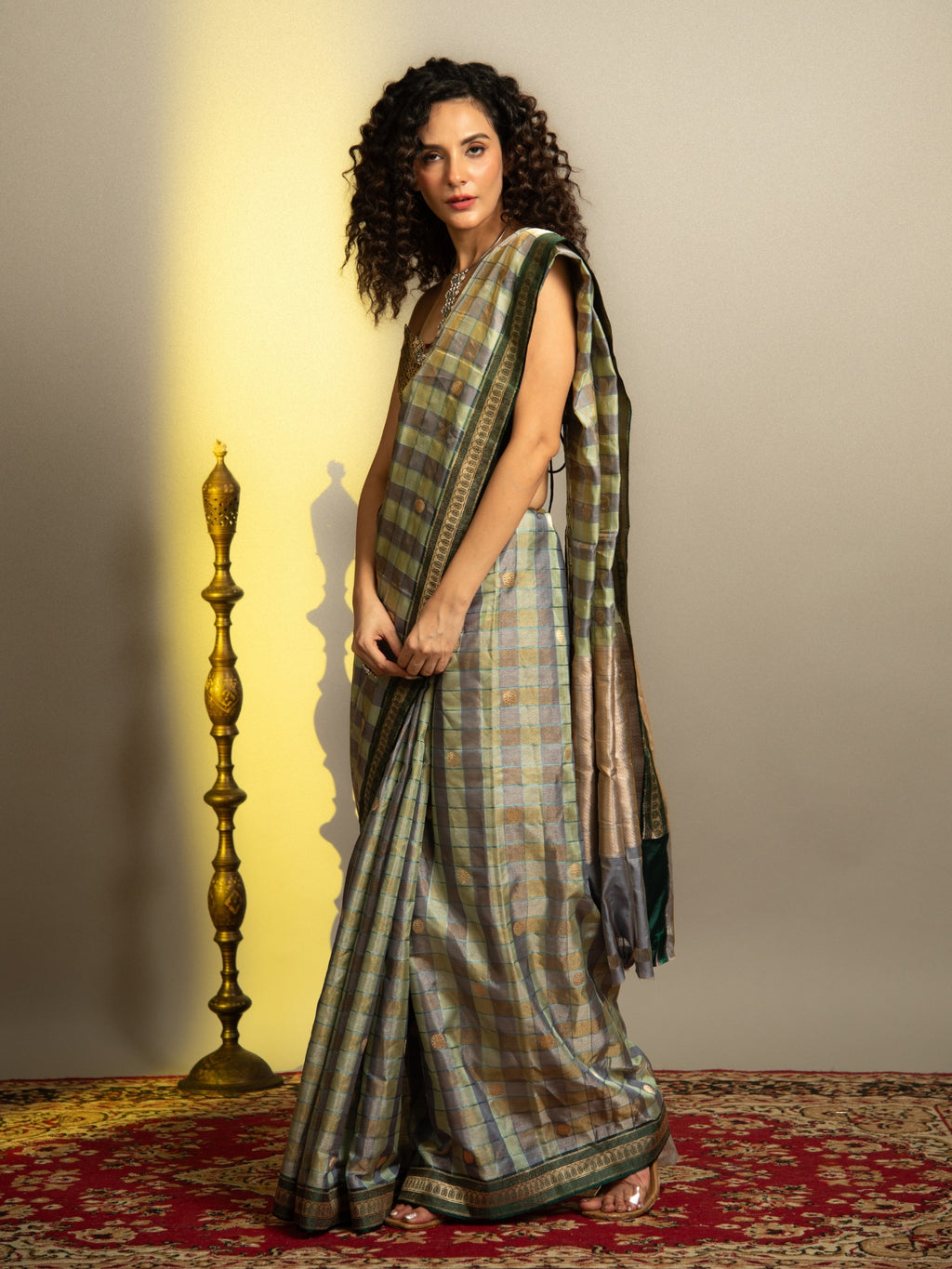 Bottle Green Handloom Banarasi Katan Silk Saree with Checks and Butti
