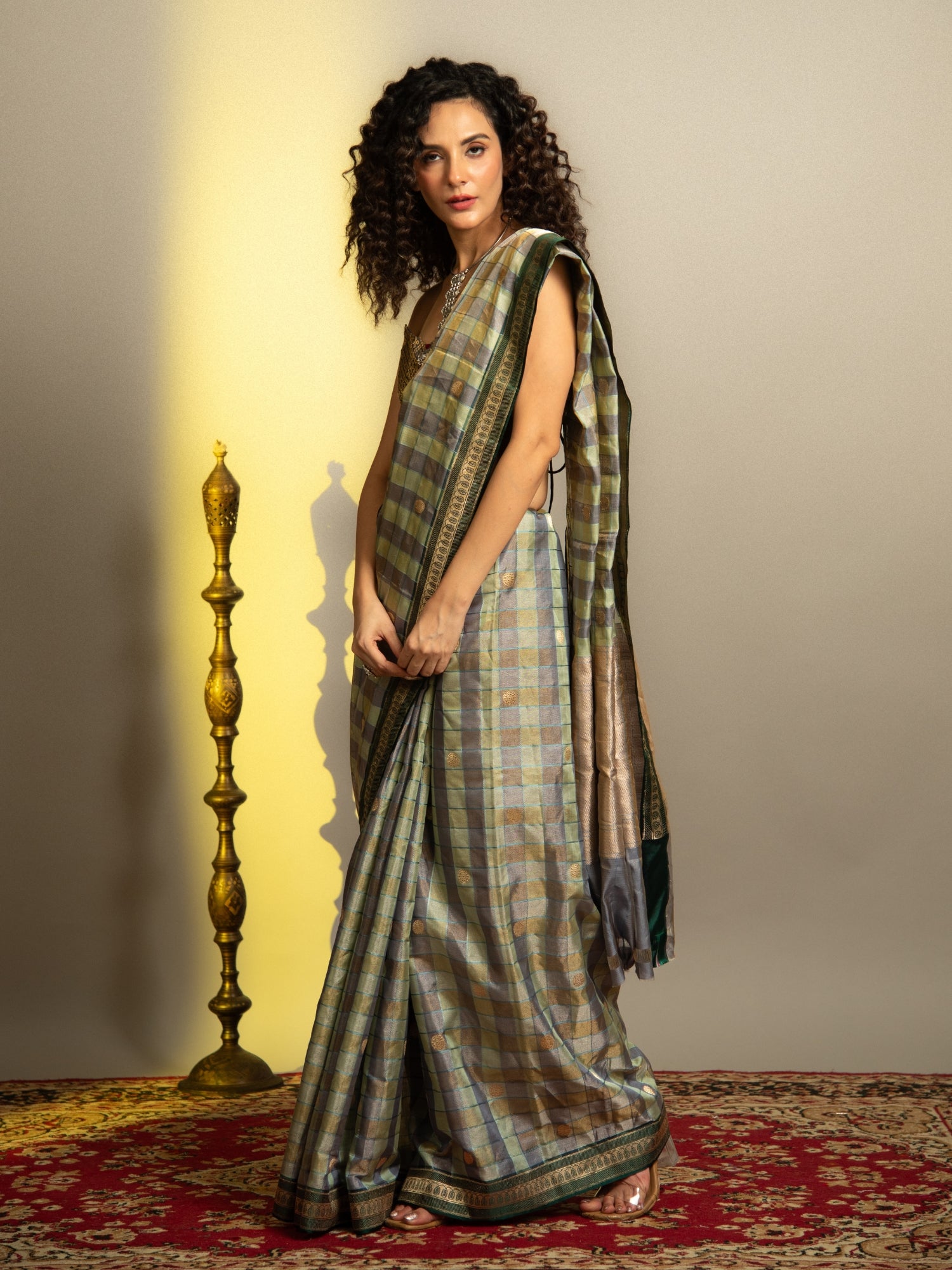 Bottle Green Handloom Banarasi Katan Silk Saree with Checks and Butti