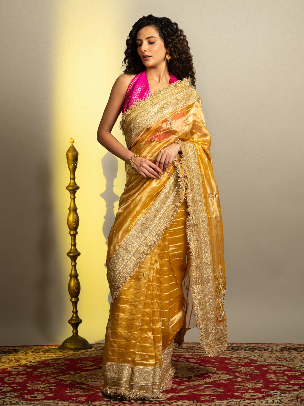 Gold Banarasi Kora Tissue Saree with Hand embroidery