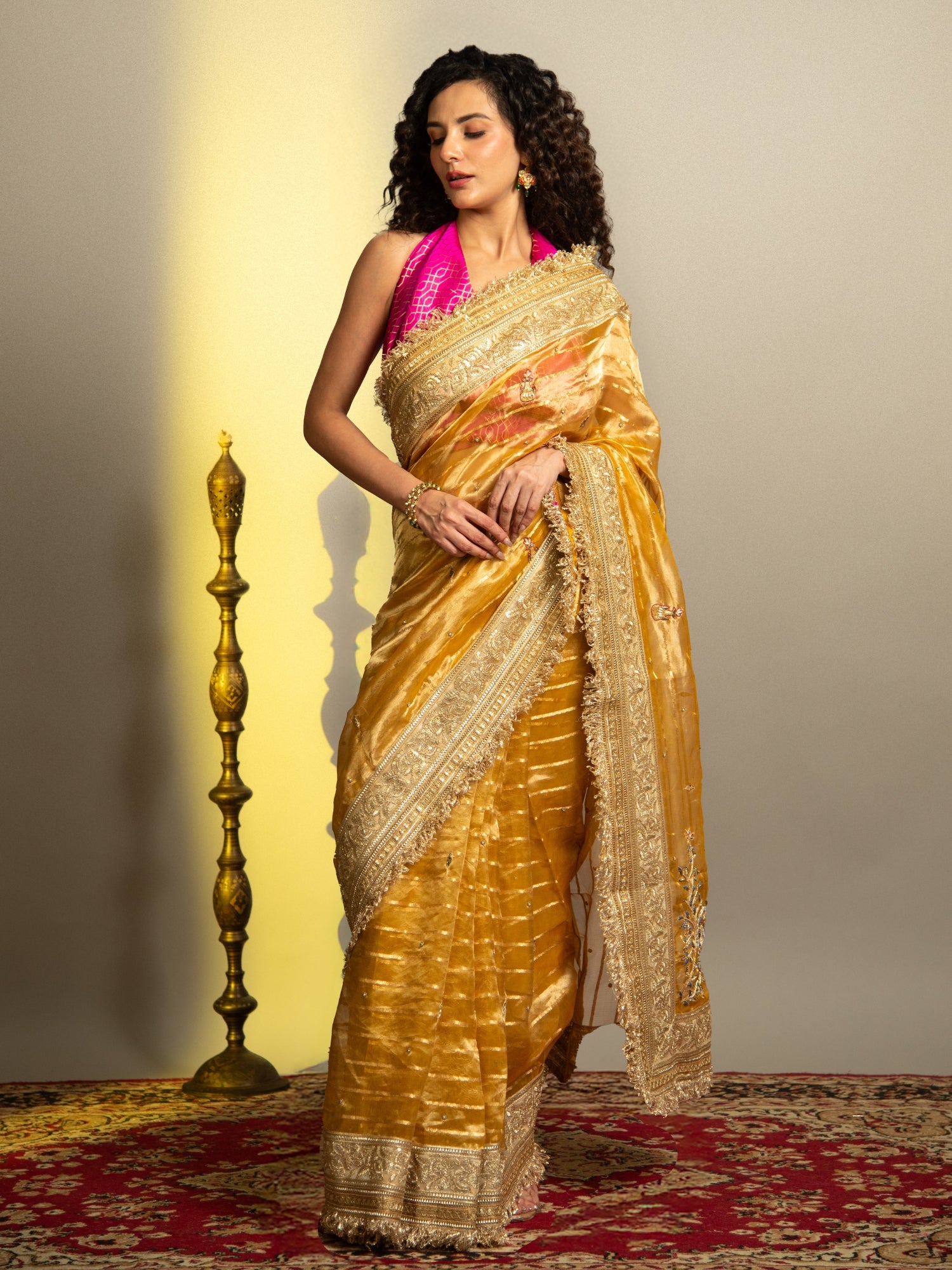 Gold Banarasi Kora Tissue Saree with Hand embroidery