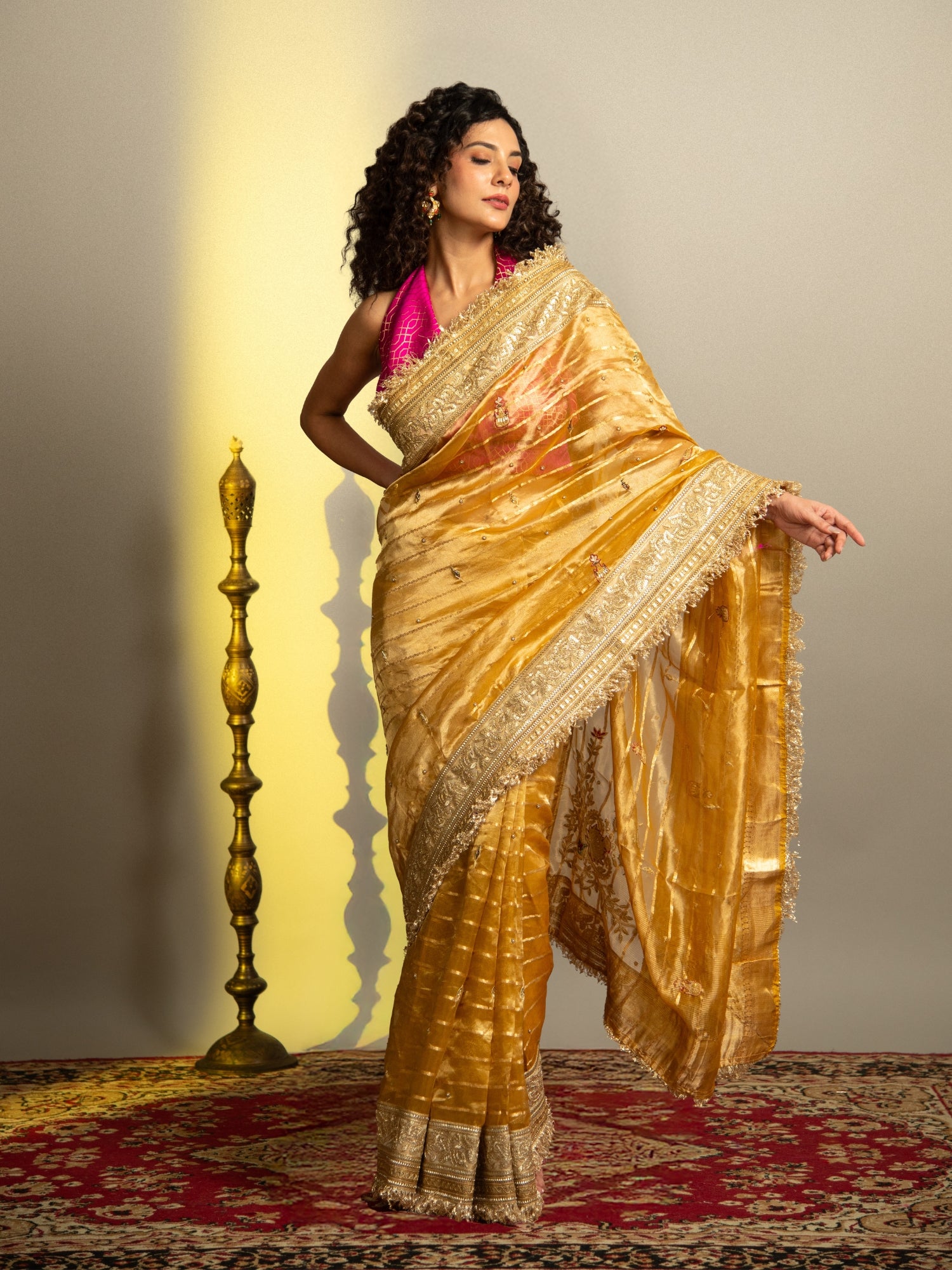 Gold Banarasi Kora Tissue Saree with Hand embroidery