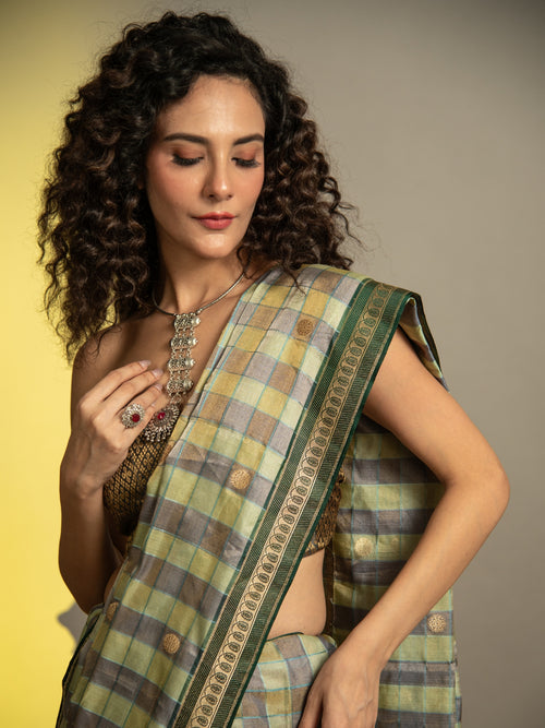 Bottle Green Handloom Banarasi Katan Silk Saree with Checks and Butti