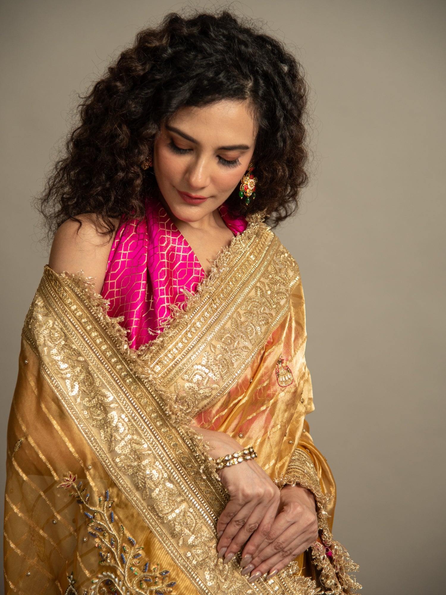 Gold Banarasi Kora Tissue Saree with Hand embroidery