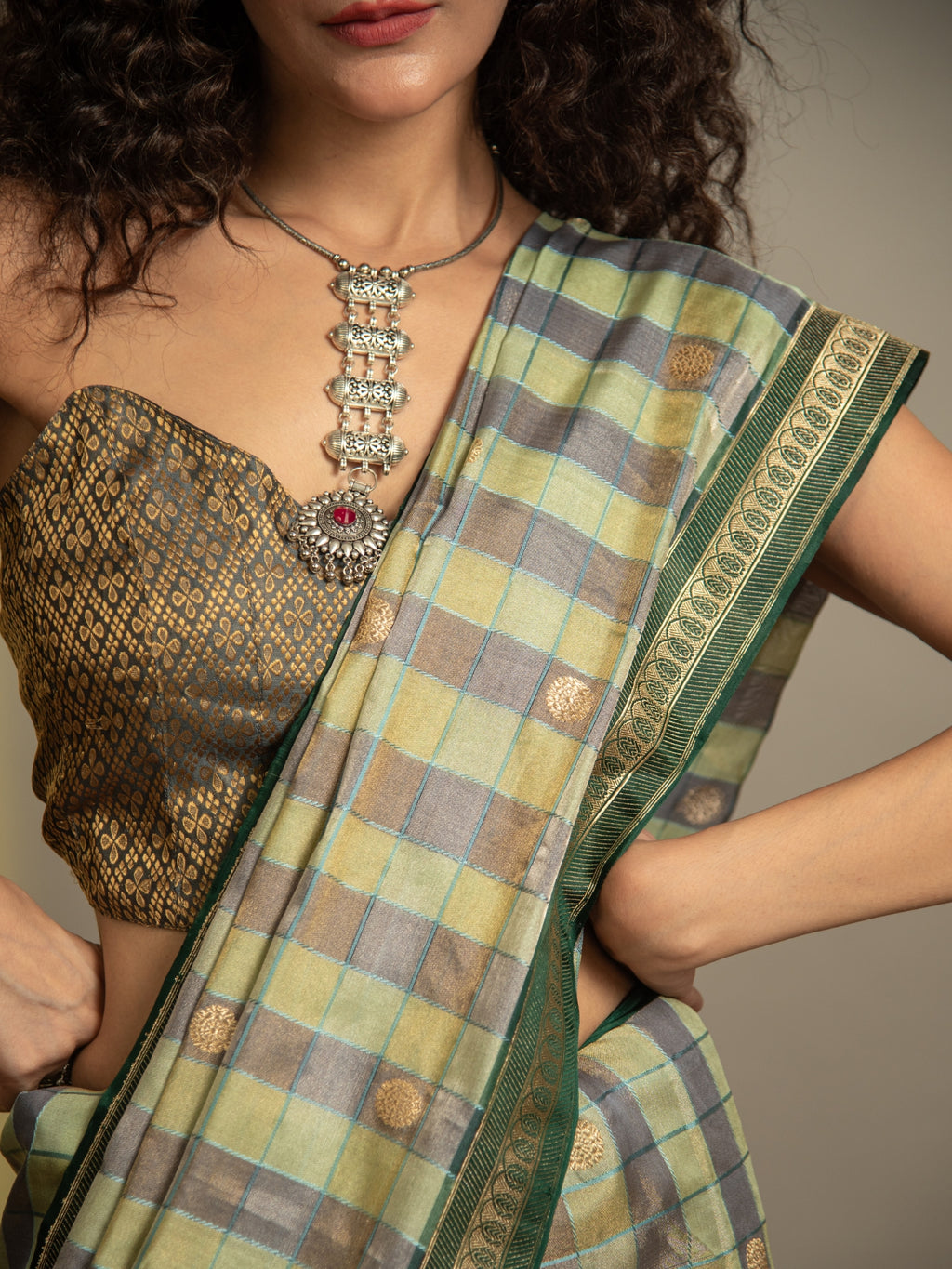 Bottle Green Handloom Banarasi Katan Silk Saree with Checks and Butti