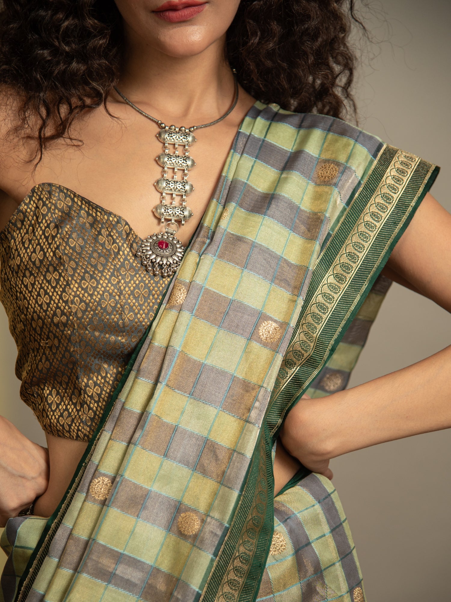 Bottle Green Handloom Banarasi Katan Silk Saree with Checks and Butti