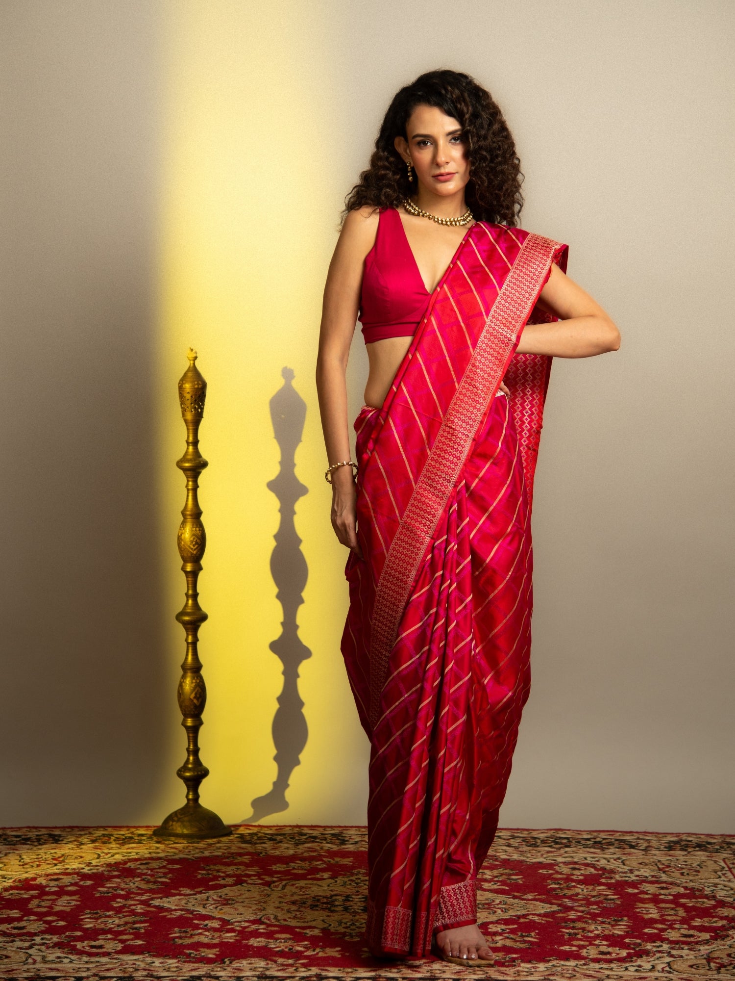 Dark Pink Handloom Banarasi Mashru Silk Saree with Resham & Zari Stripes
