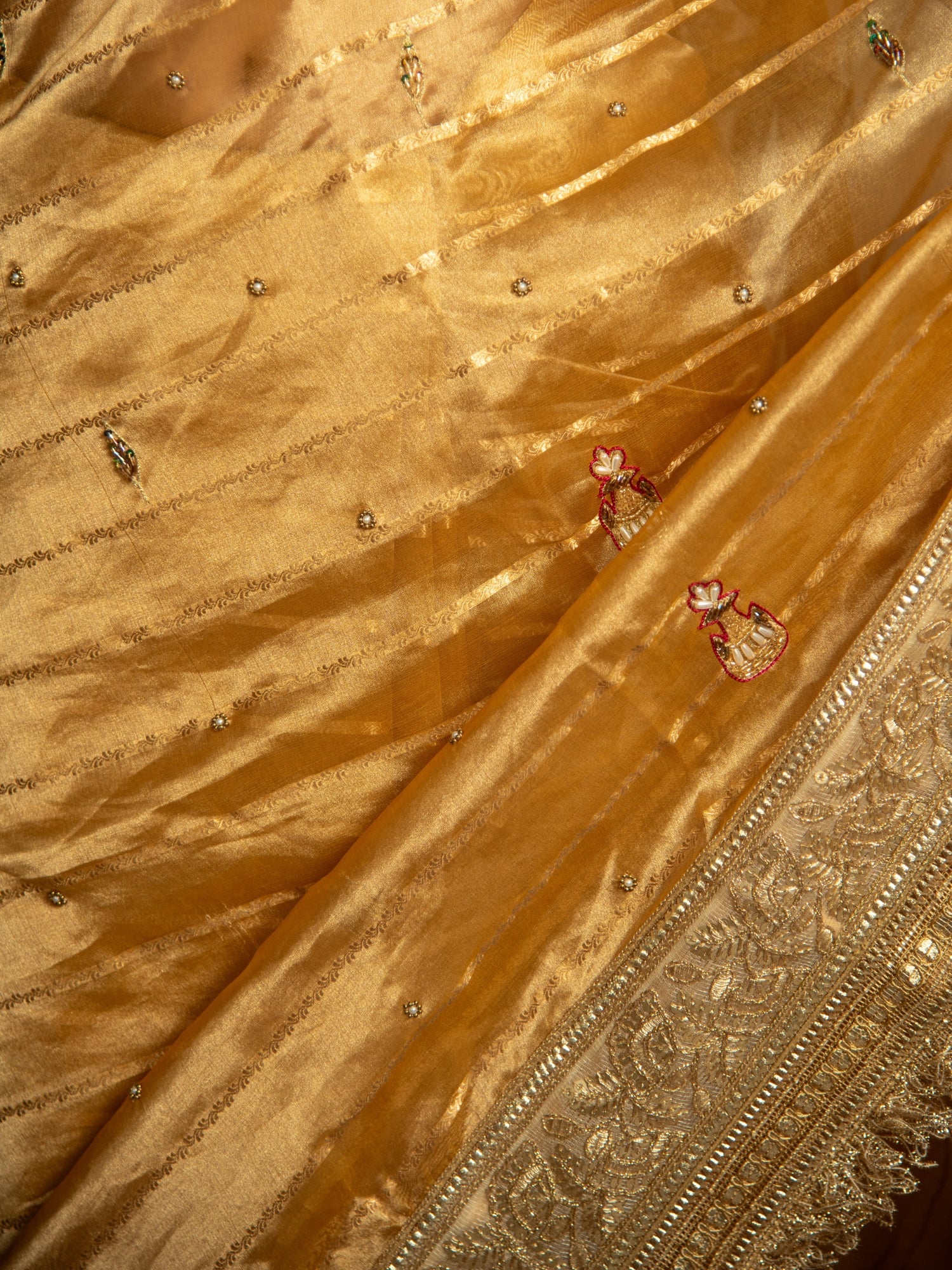 Gold Banarasi Kora Tissue Saree with Hand embroidery