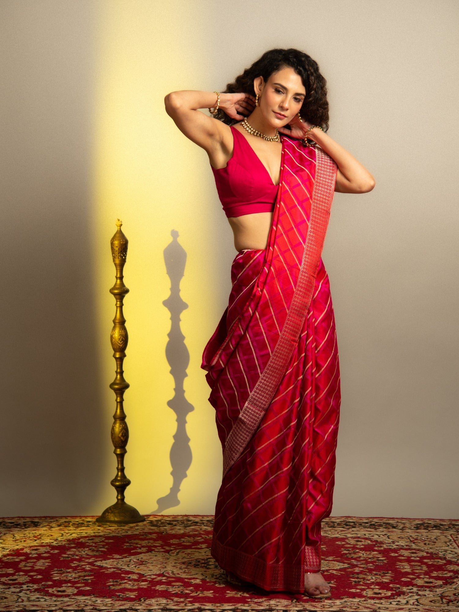Dark Pink Handloom Banarasi Mashru Silk Saree with Resham & Zari Stripes