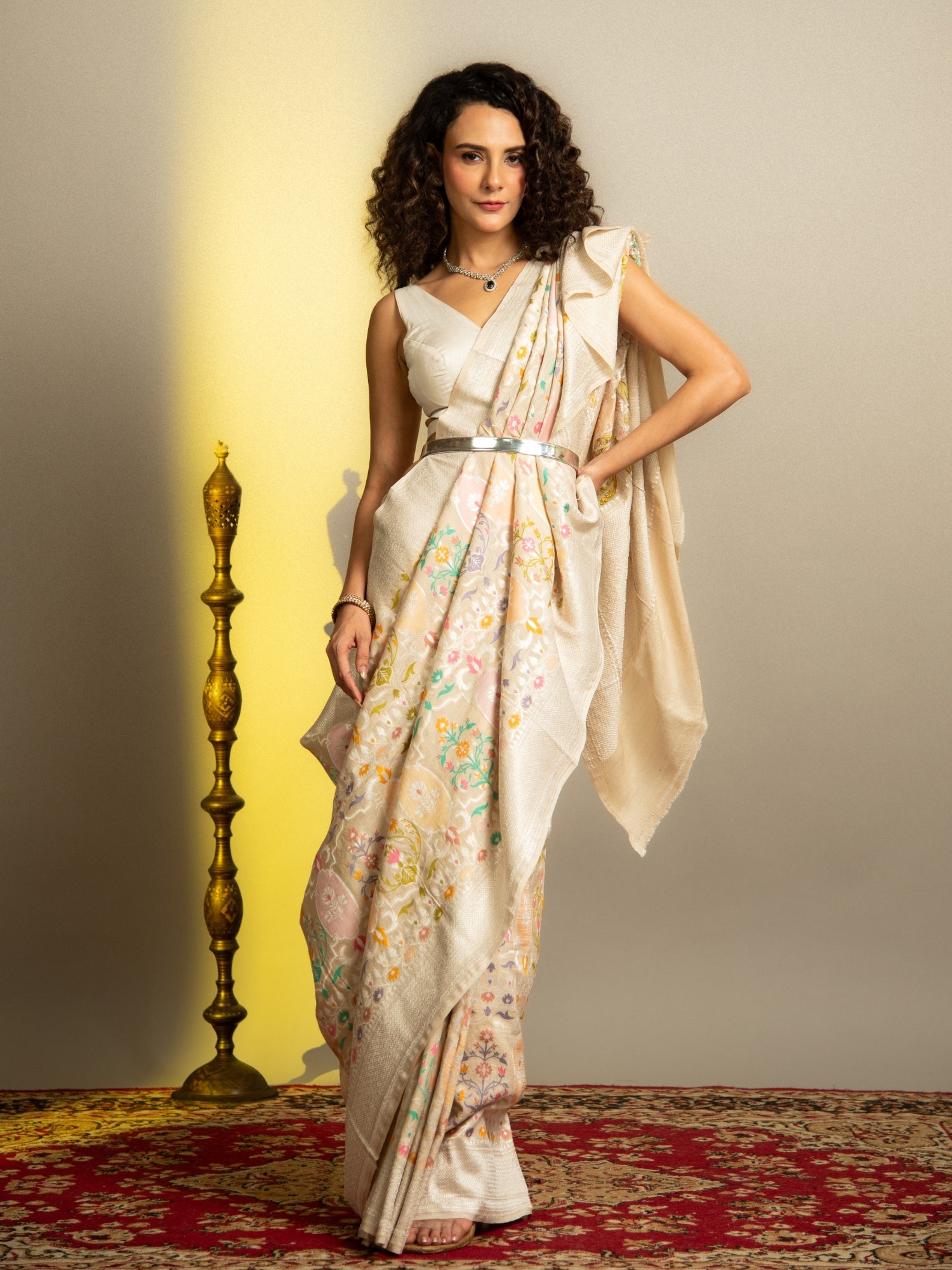 Off White Handloom Banarasi Tussar Silk Saree with Multicolor Floral Jaal