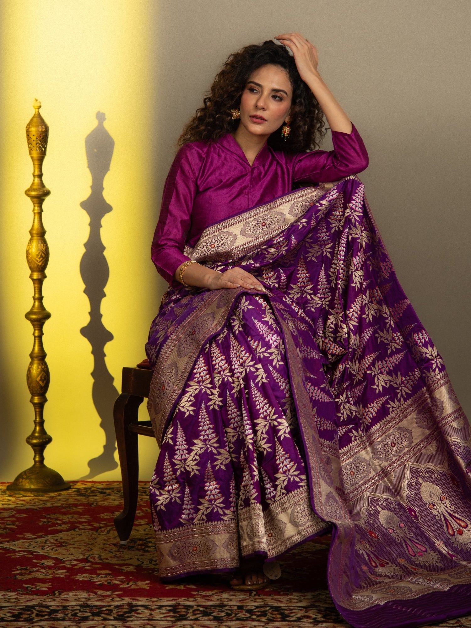 Purple Handloom Jangla Banarasi Katan Silk Saree with Multicolor Meena