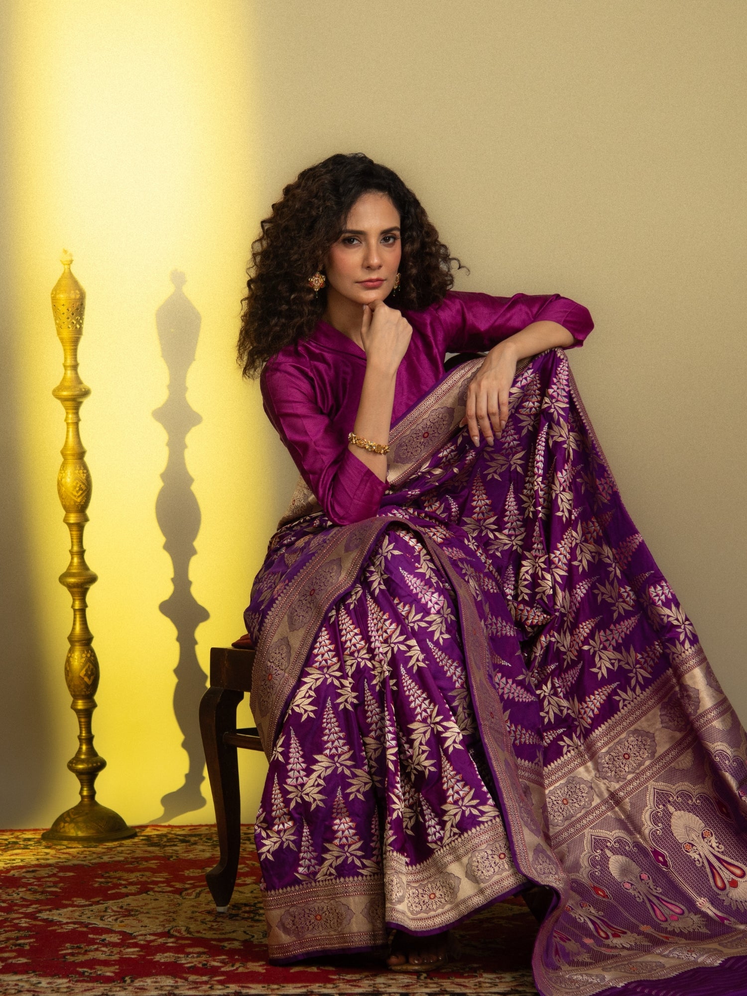 Purple Handloom Jangla Banarasi Katan Silk Saree with Multicolor Meena