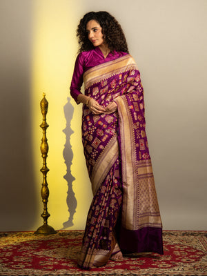 Wine Handloom Banarasi Katan Silk Saree with Kadhua Jangla and Multicolor Meena
