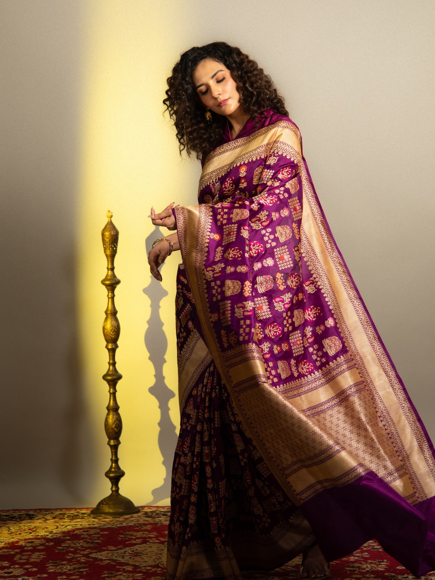 Wine Handloom Banarasi Katan Silk Saree with Kadhua Jangla and Multicolor Meena